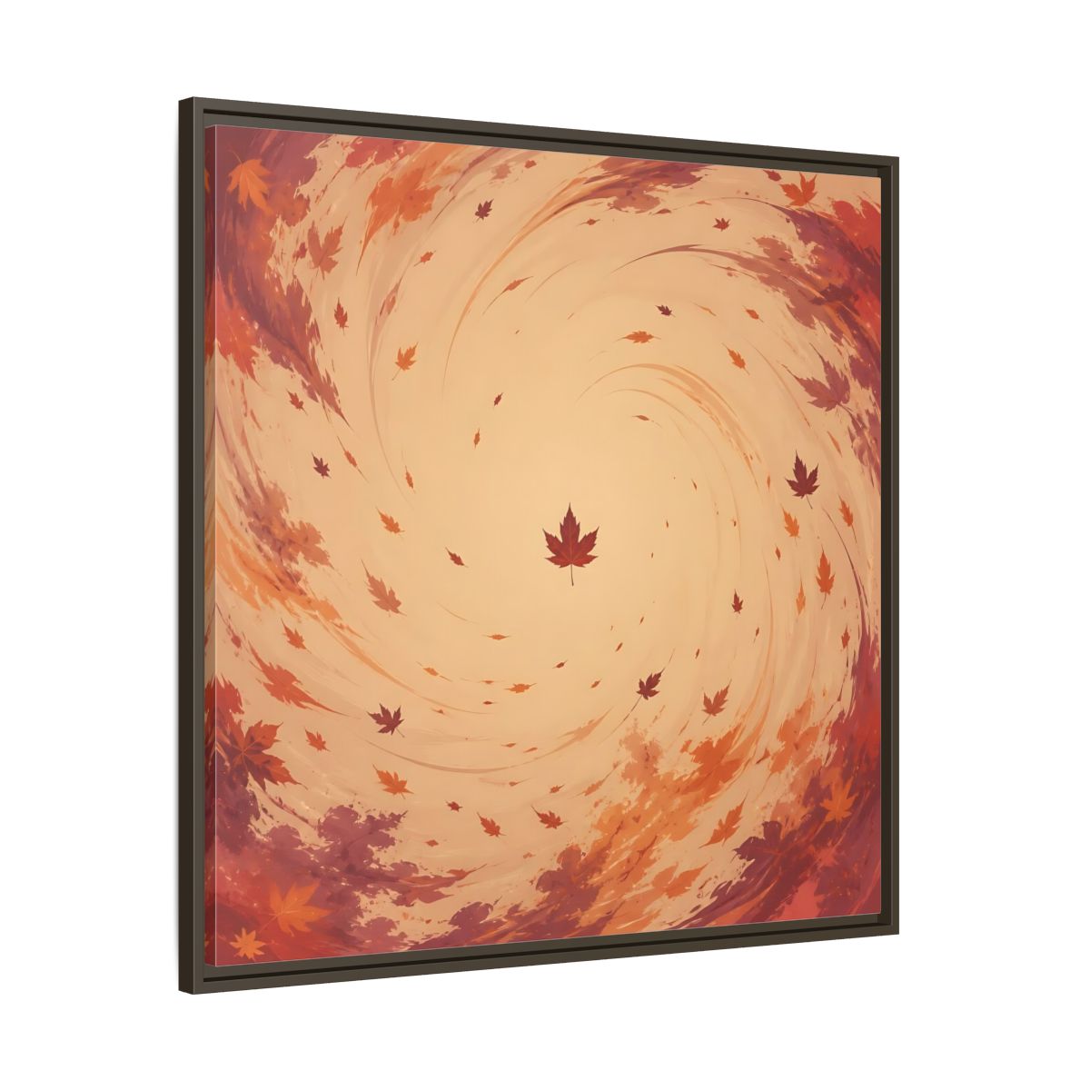 Main Mockup. Nature Autumn Leaves Orange And Red Swirl shown as stretched canvas wall art
