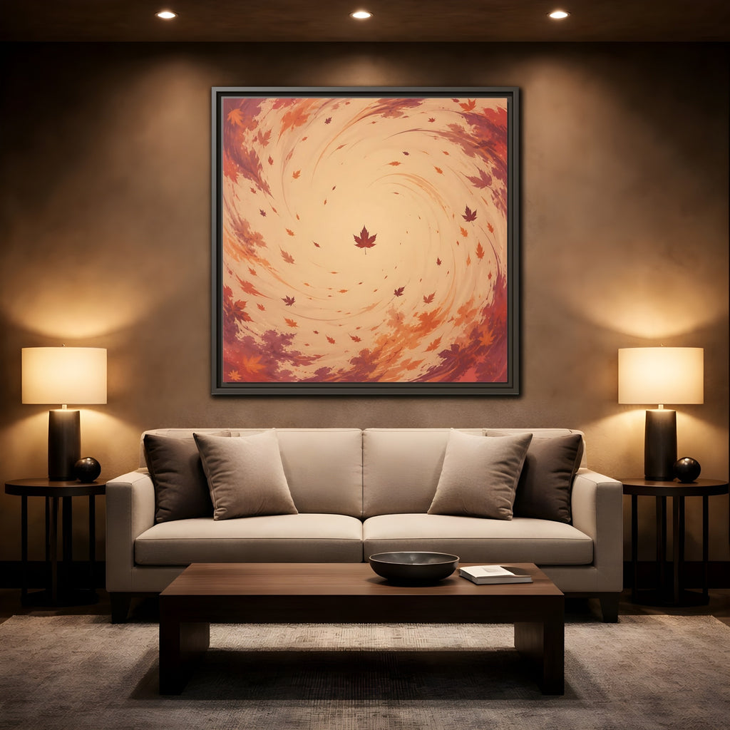 Mockup 2. Nature Autumn Leaves Orange And Red Swirl shown as stretched canvas wall art