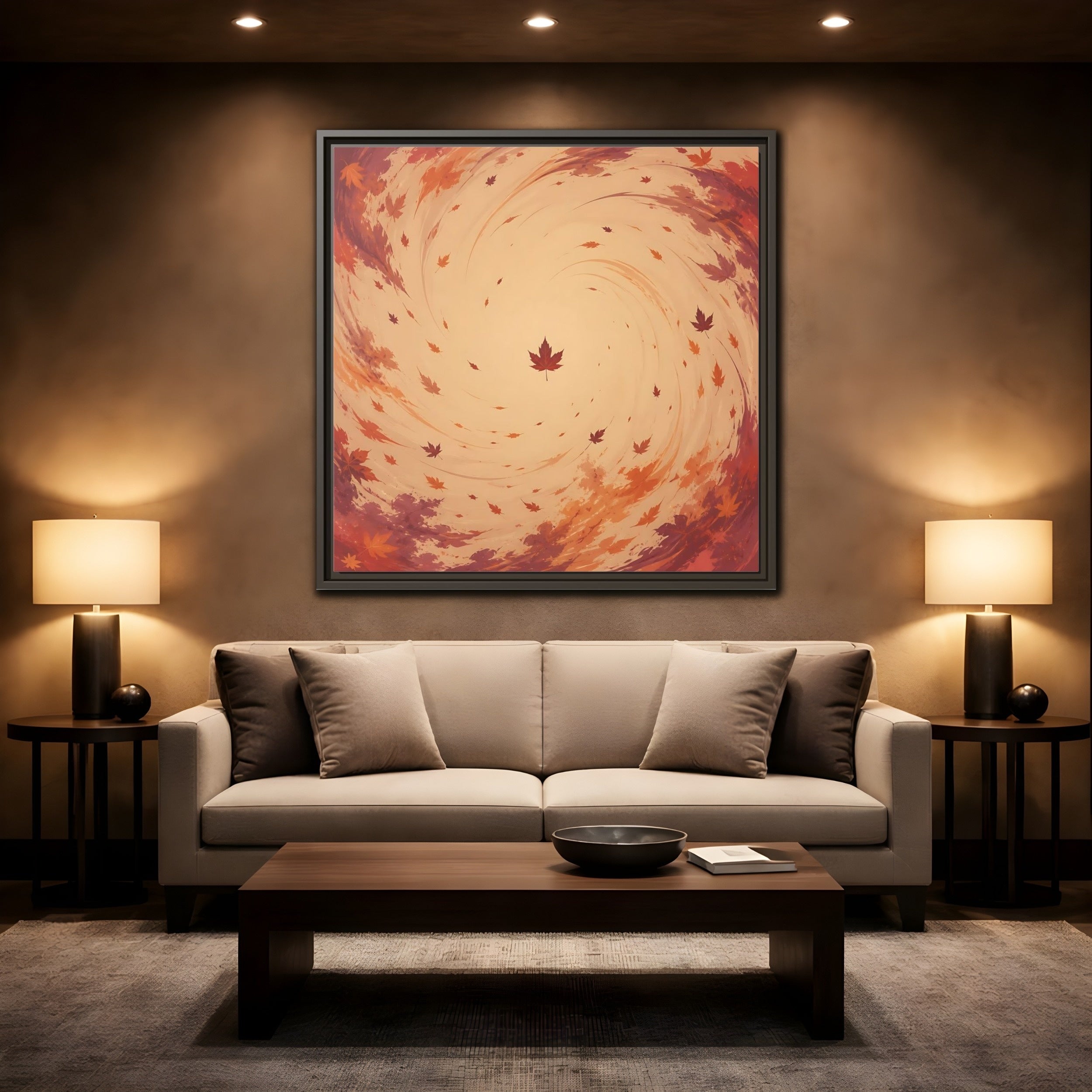 Mockup 2. Nature Autumn Leaves Orange And Red Swirl shown as stretched canvas wall art