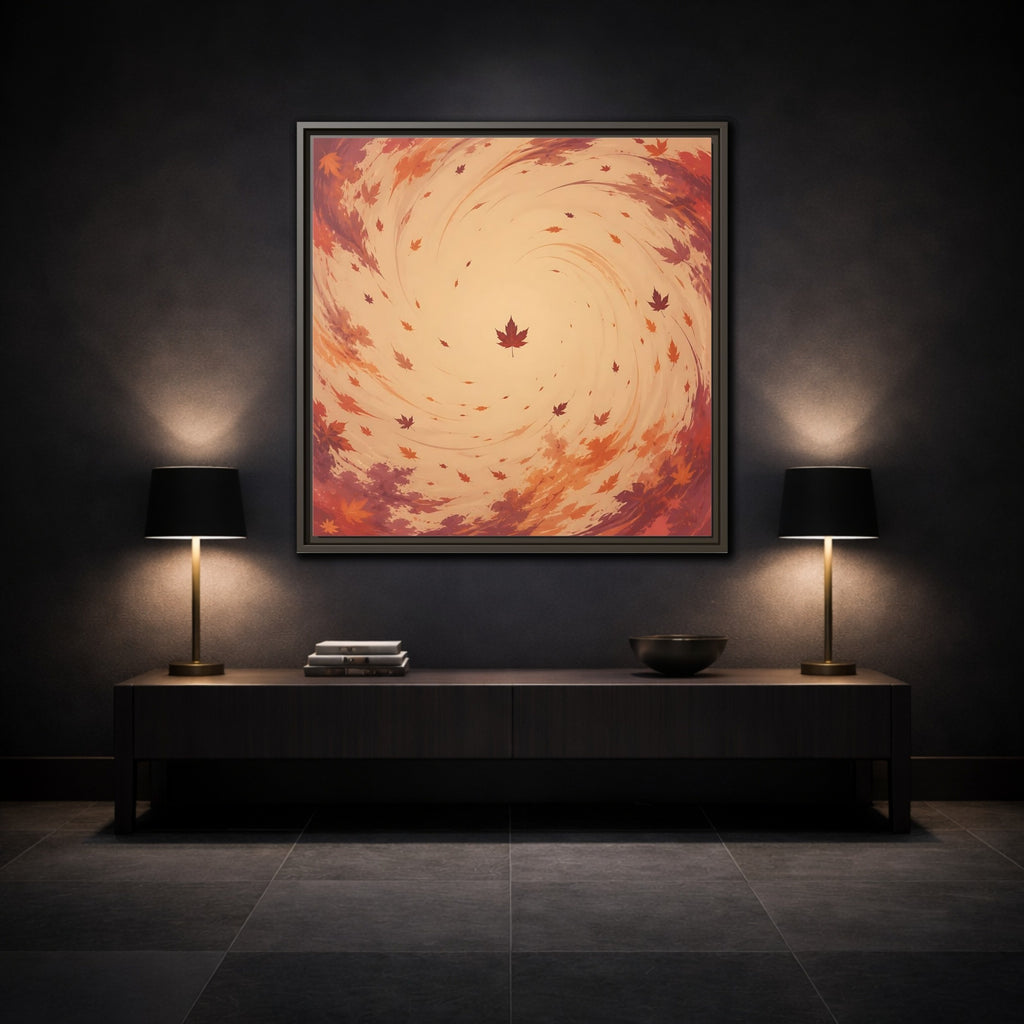 Mockup 3. Nature Autumn Leaves Orange And Red Swirl shown as stretched canvas wall art