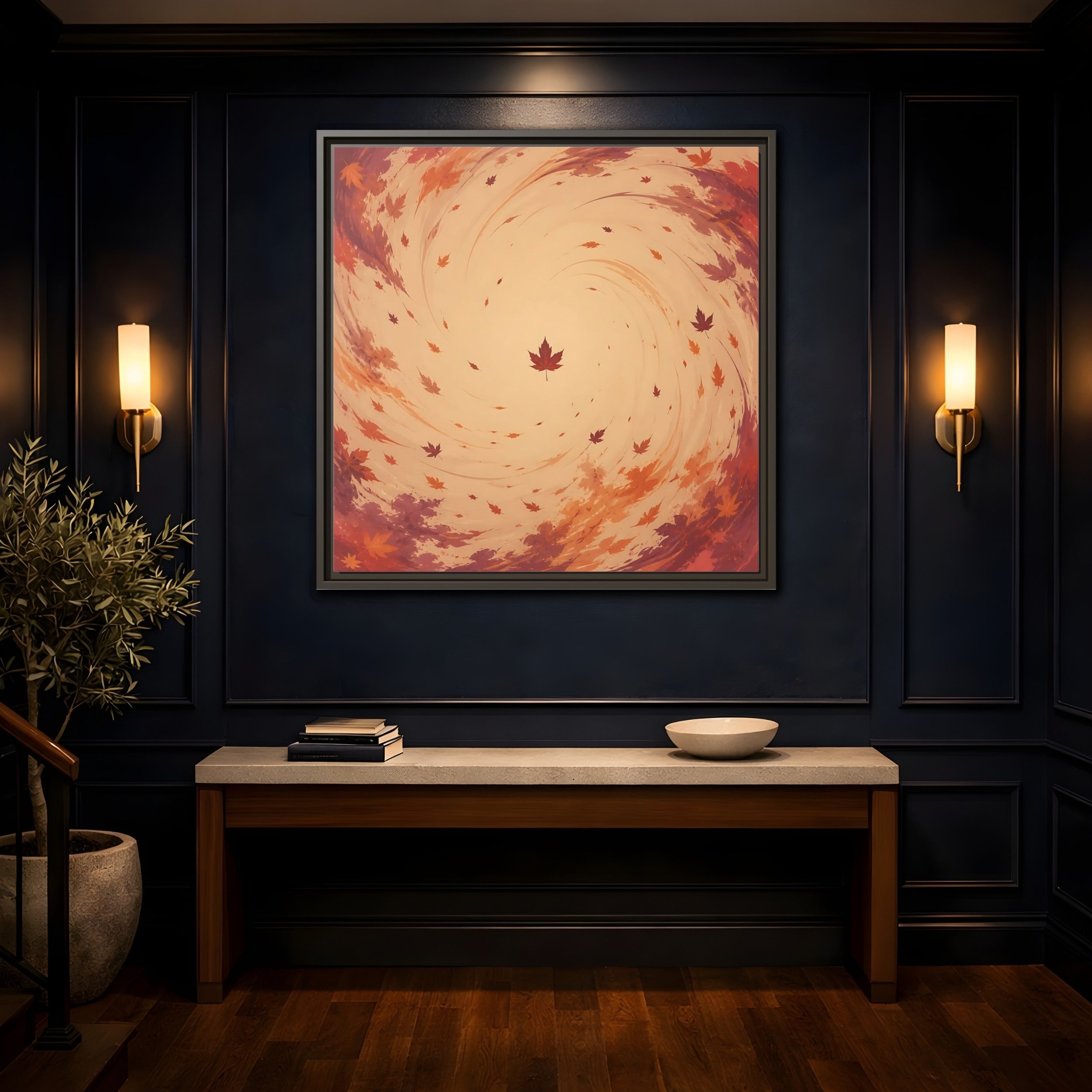 Mockup 4. Nature Autumn Leaves Orange And Red Swirl shown as stretched canvas wall art