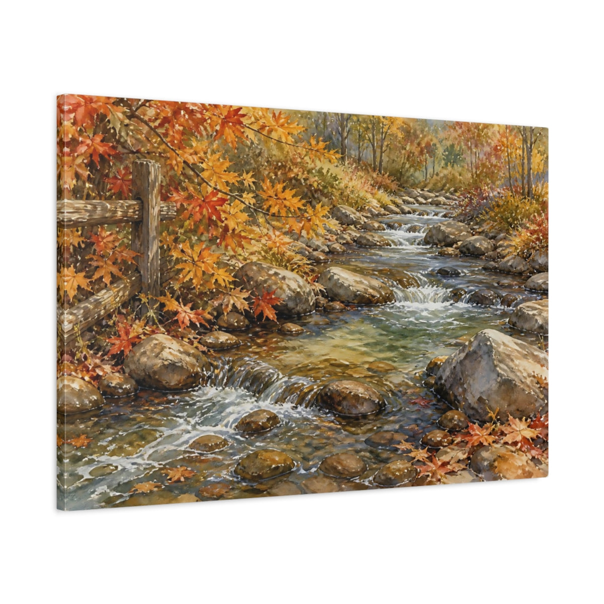 Main Mockup. Nature Autumn Stream Autumn Creek shown as stretched canvas wall art
