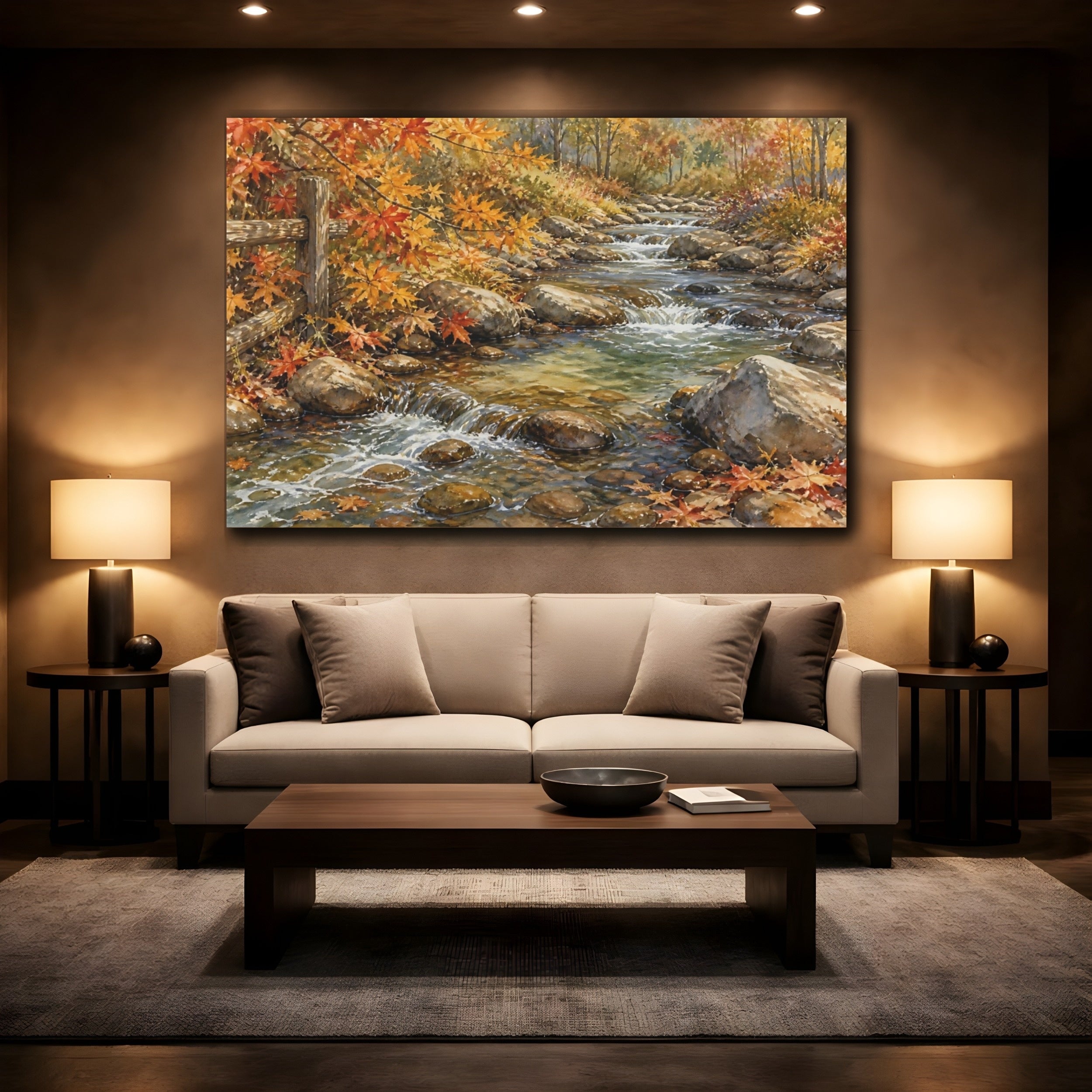 Mockup 2. Nature Autumn Stream Autumn Creek shown as stretched canvas wall art