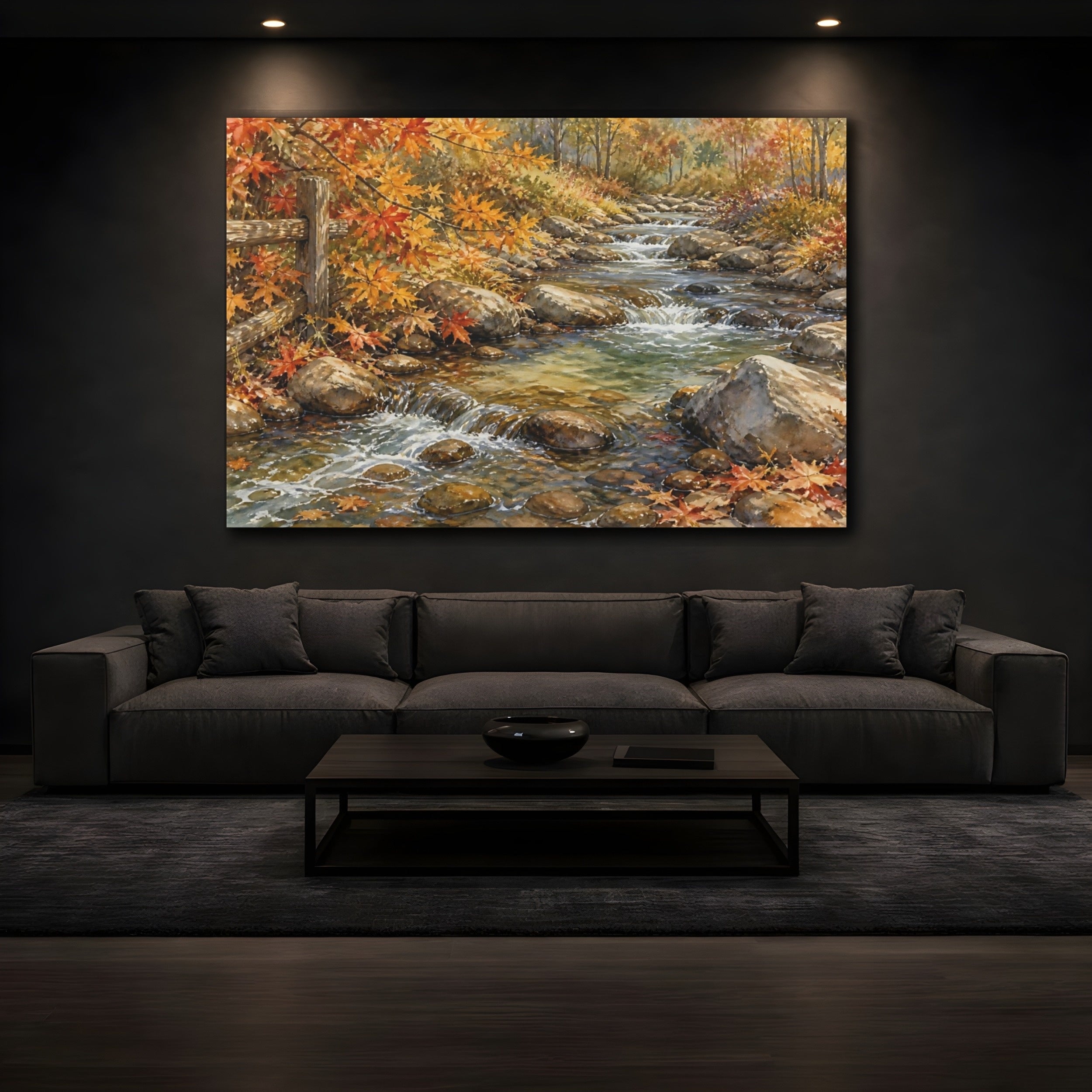 Mockup 3. Nature Autumn Stream Autumn Creek shown as stretched canvas wall art