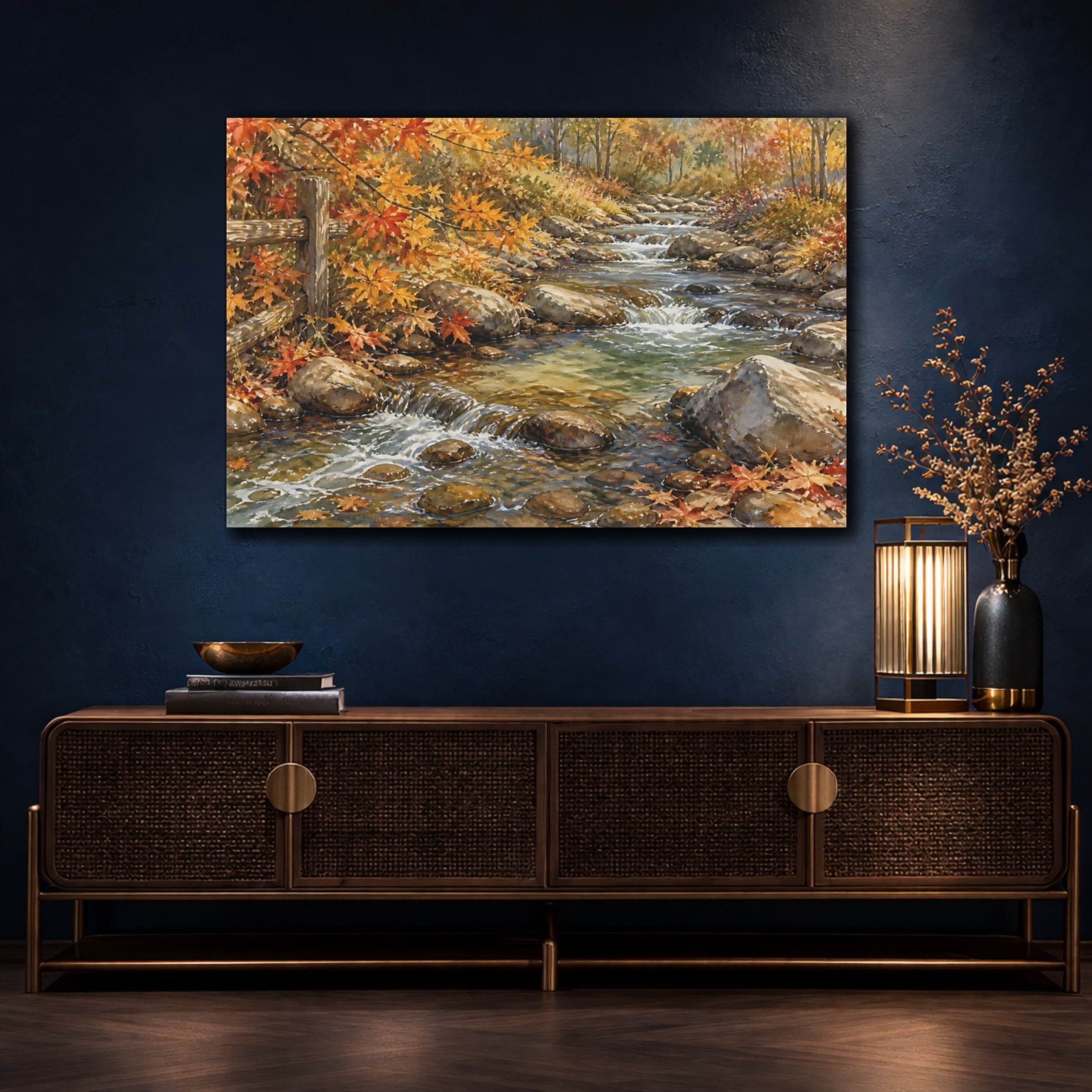 Mockup 4. Nature Autumn Stream Autumn Creek shown as stretched canvas wall art