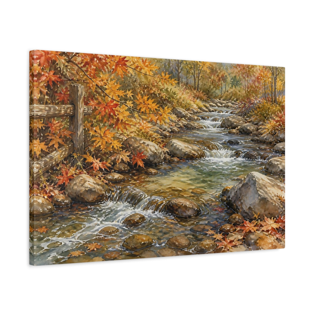 Side Mockup 2. Nature Autumn Stream Autumn Creek shown as stretched canvas wall art