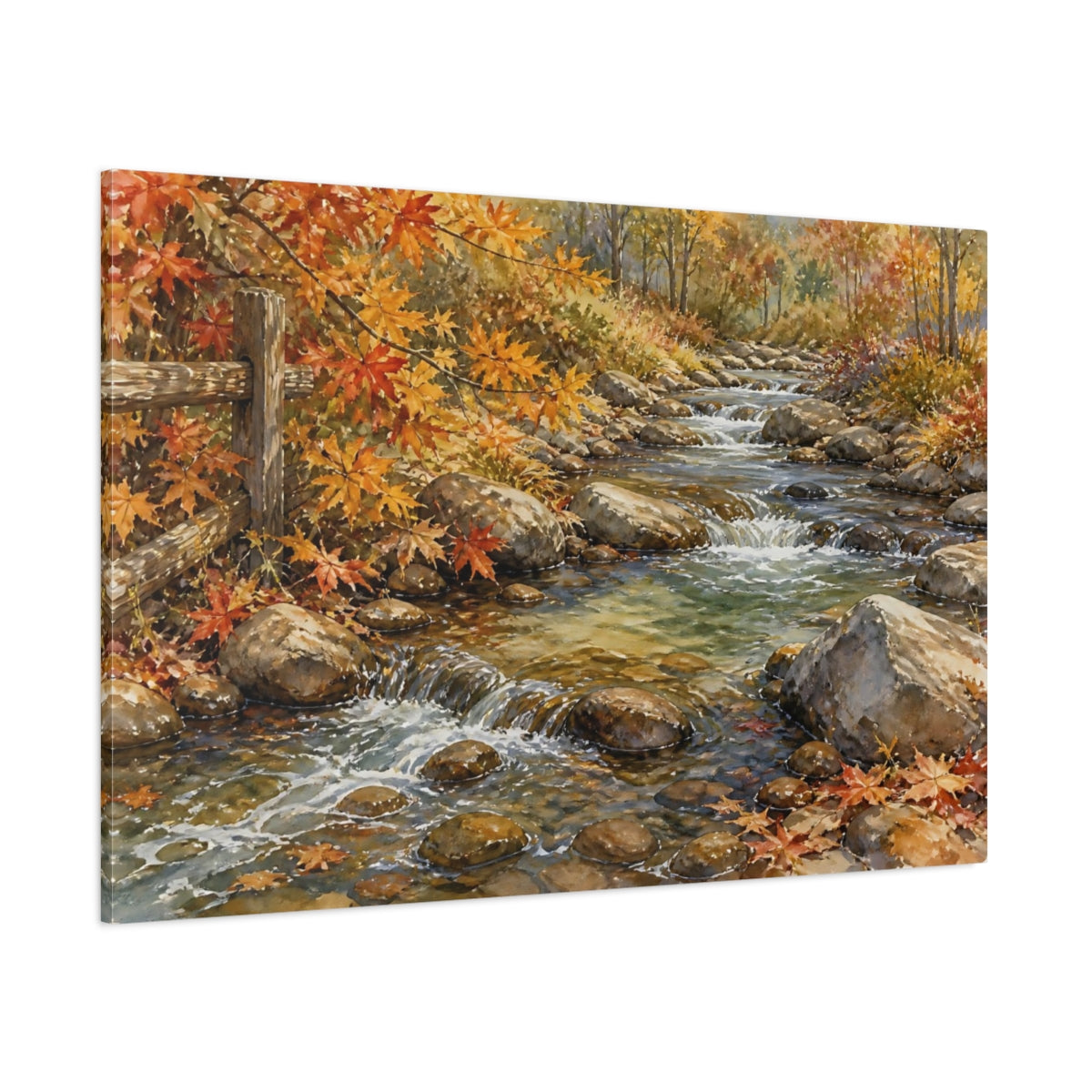 Side Mockup 1. Nature Autumn Stream Autumn Creek shown as stretched canvas wall art