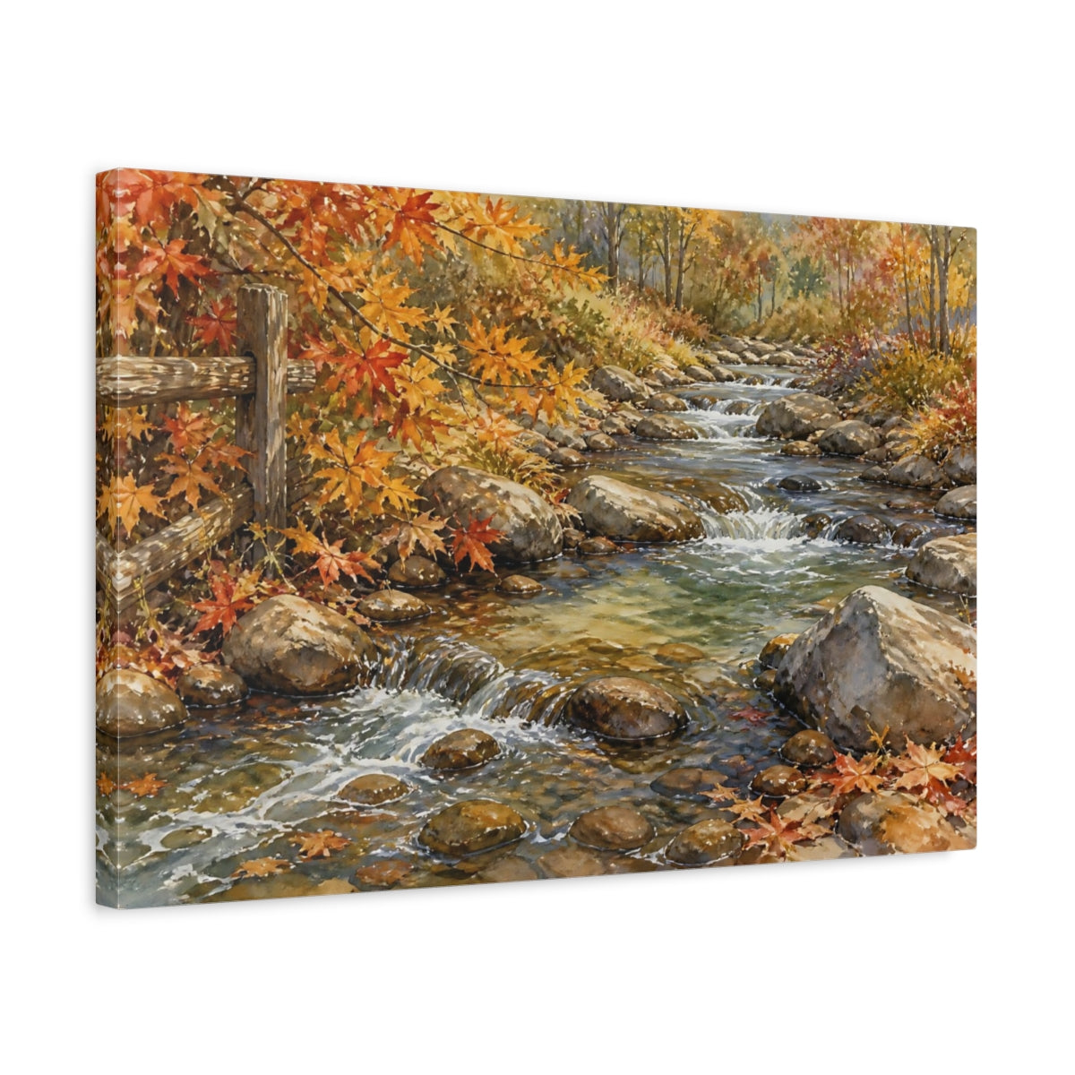 Side Mockup 3. Nature Autumn Stream Autumn Creek shown as stretched canvas wall art