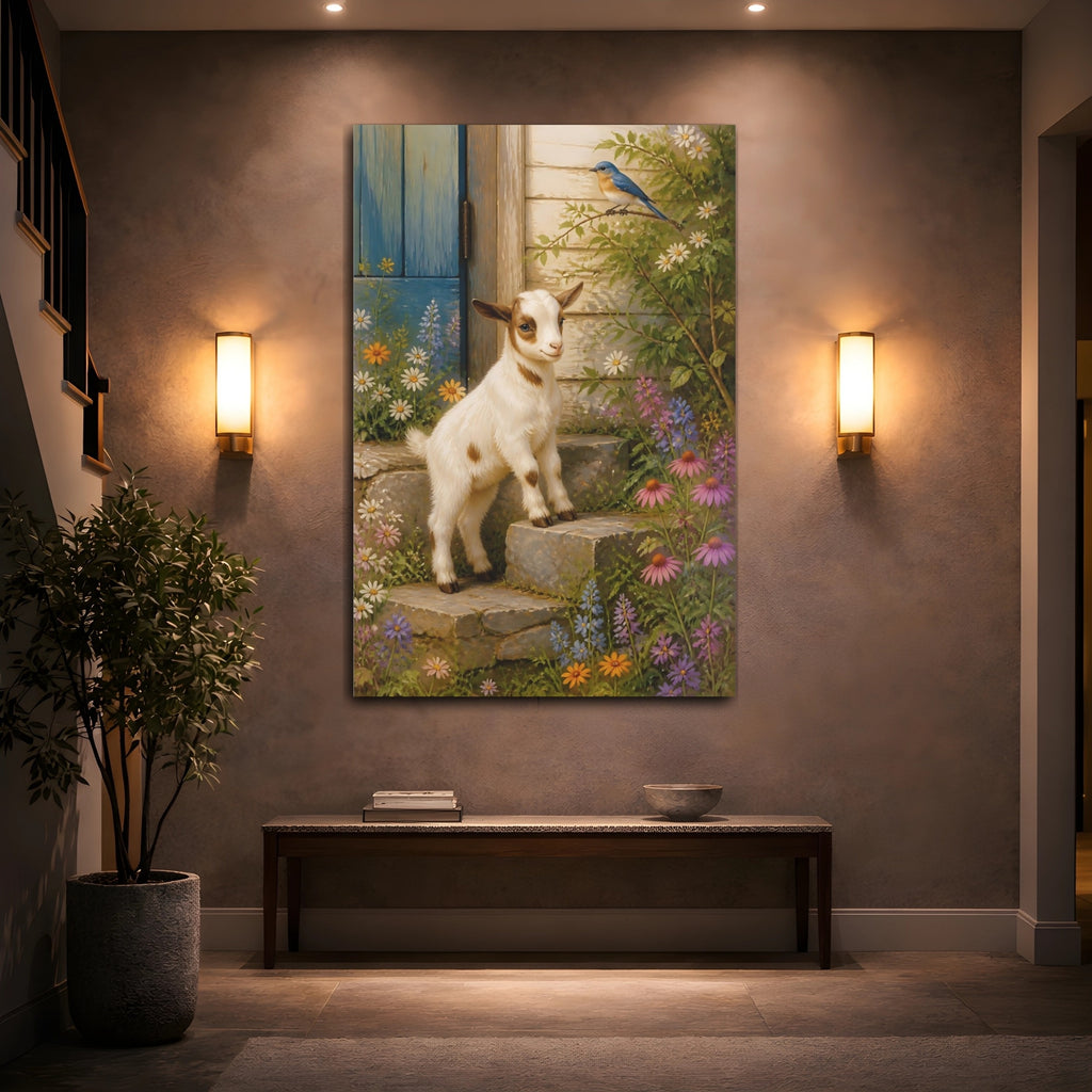 Mockup 2. Nature Baby Goat Baby Goat Wildflowers shown as stretched canvas wall art