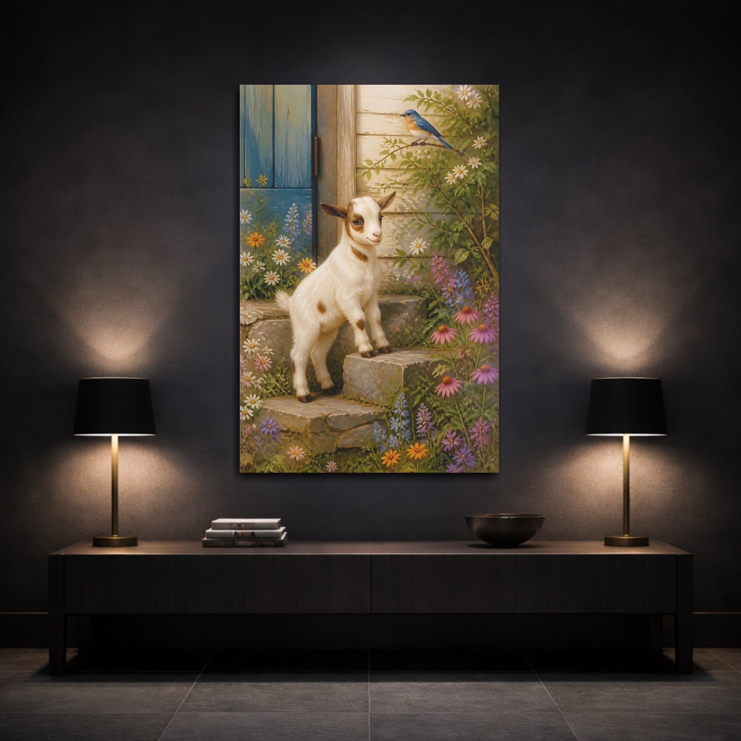 Mockup 3. Nature Baby Goat Baby Goat Wildflowers shown as stretched canvas wall art