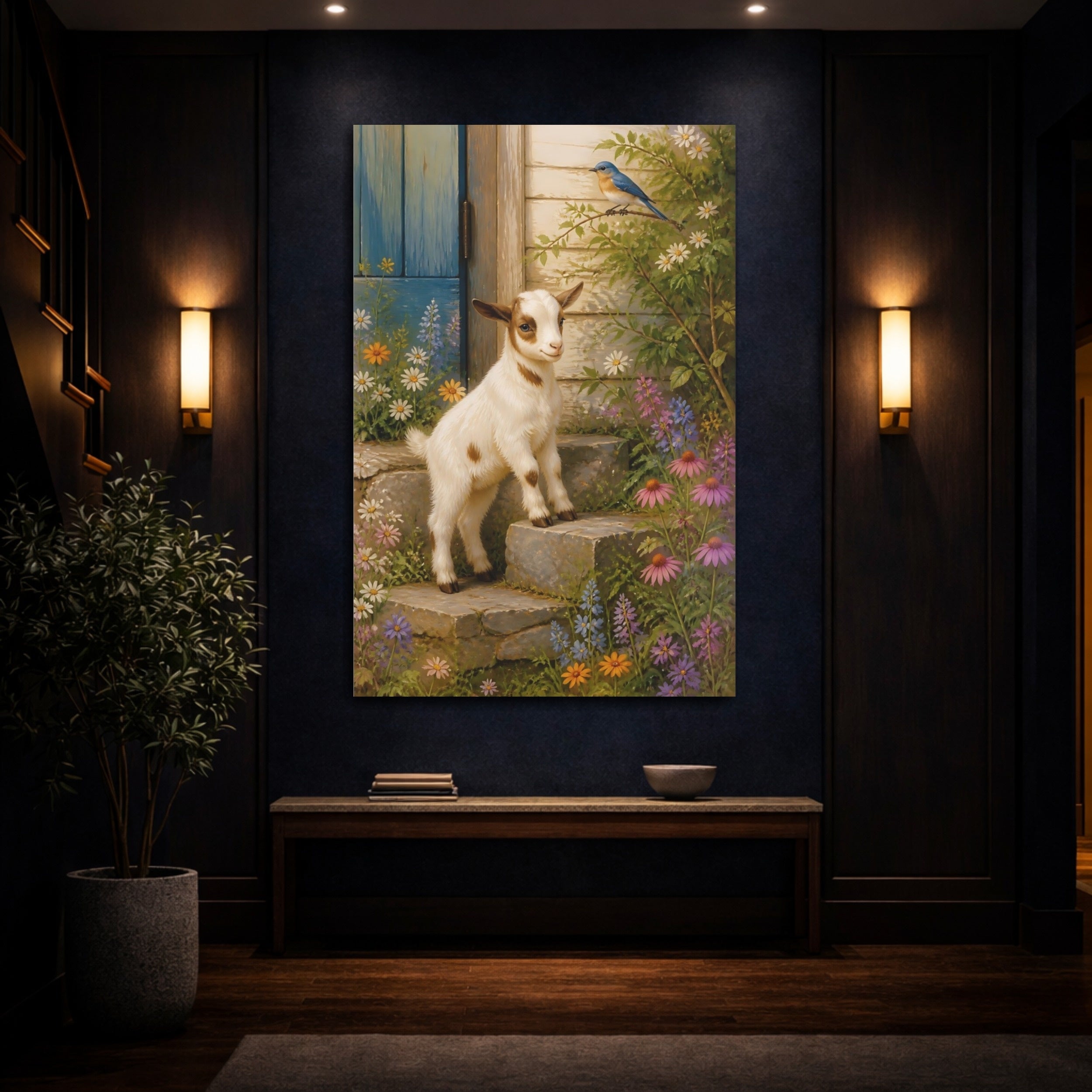 Mockup 4. Nature Baby Goat Baby Goat Wildflowers shown as stretched canvas wall art