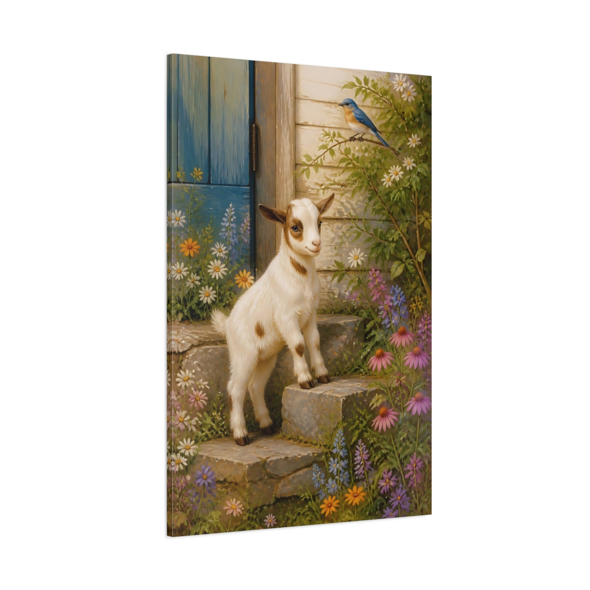 Side Mockup 1. Nature Baby Goat Baby Goat Wildflowers shown as stretched canvas wall art