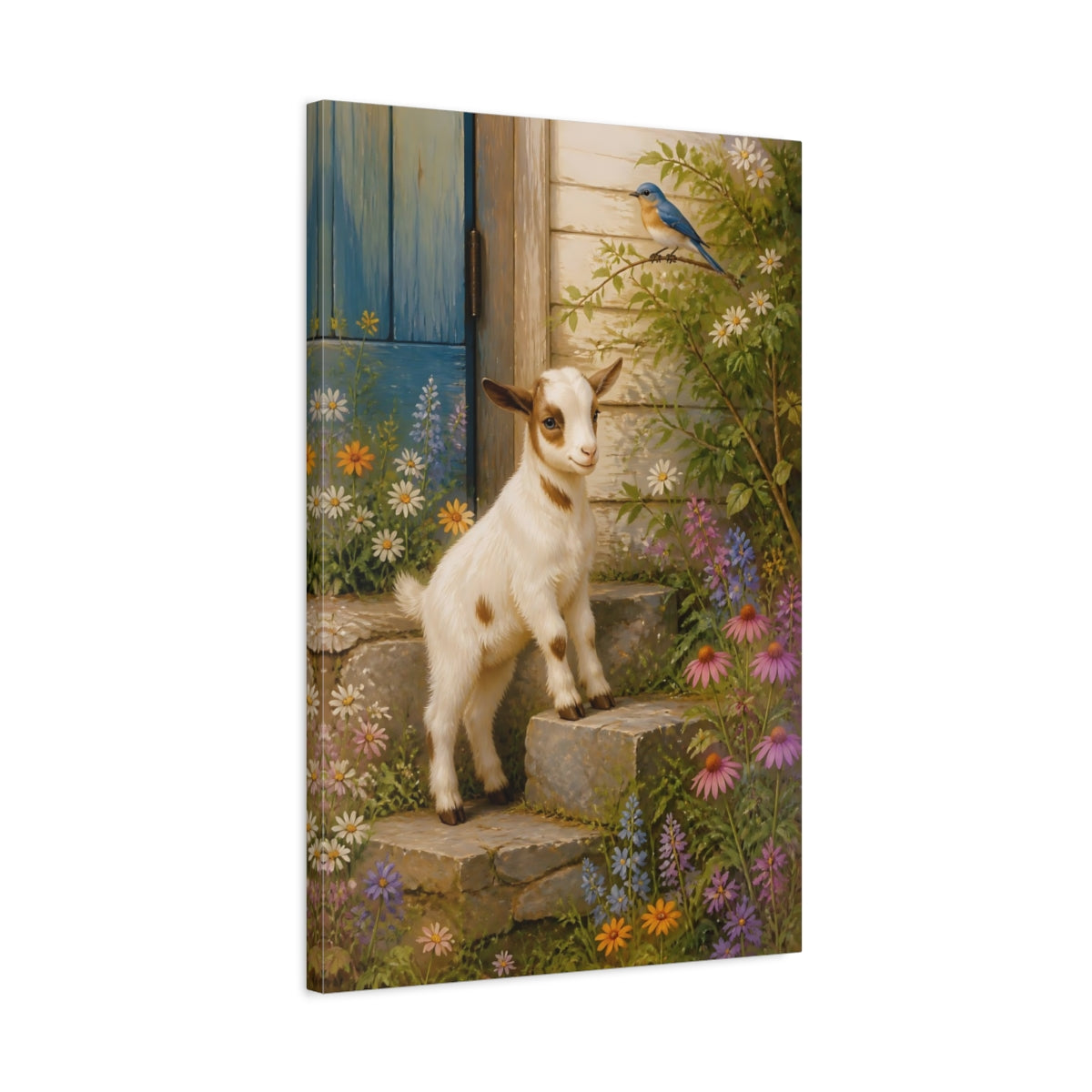 Side Mockup 2. Nature Baby Goat Baby Goat Wildflowers shown as stretched canvas wall art