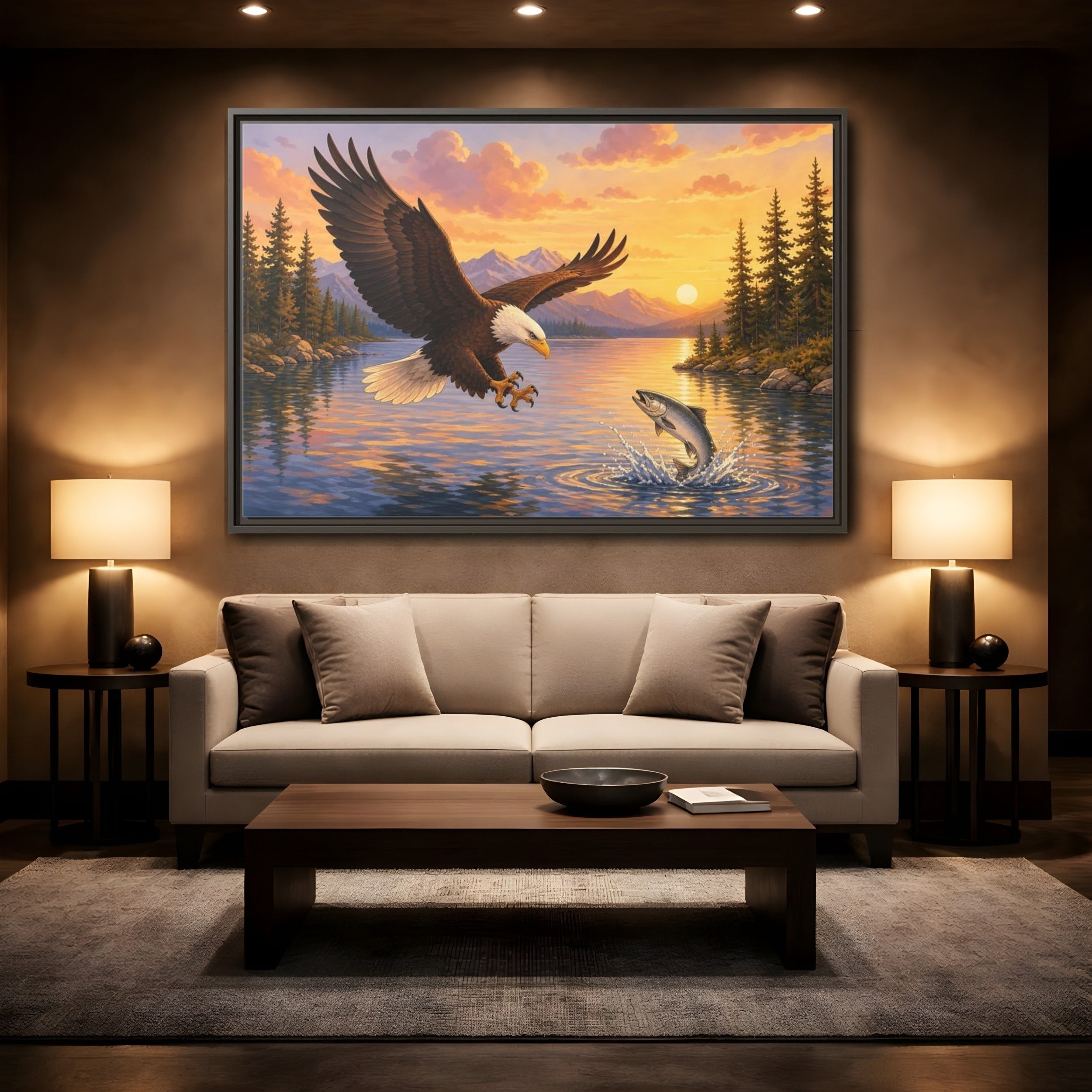 Mockup 2. Nature Bald Eagle Eagle Fishing Sunset shown as stretched canvas wall art