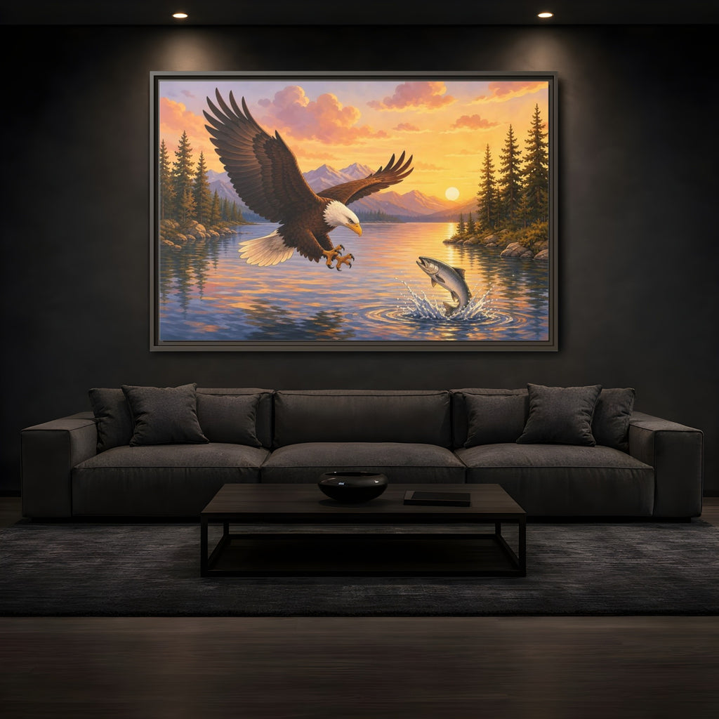 Mockup 3. Nature Bald Eagle Eagle Fishing Sunset shown as stretched canvas wall art