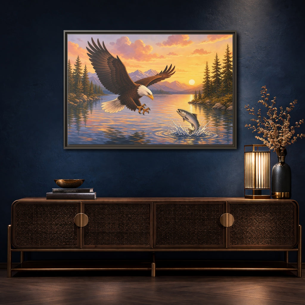 Mockup 4. Nature Bald Eagle Eagle Fishing Sunset shown as stretched canvas wall art