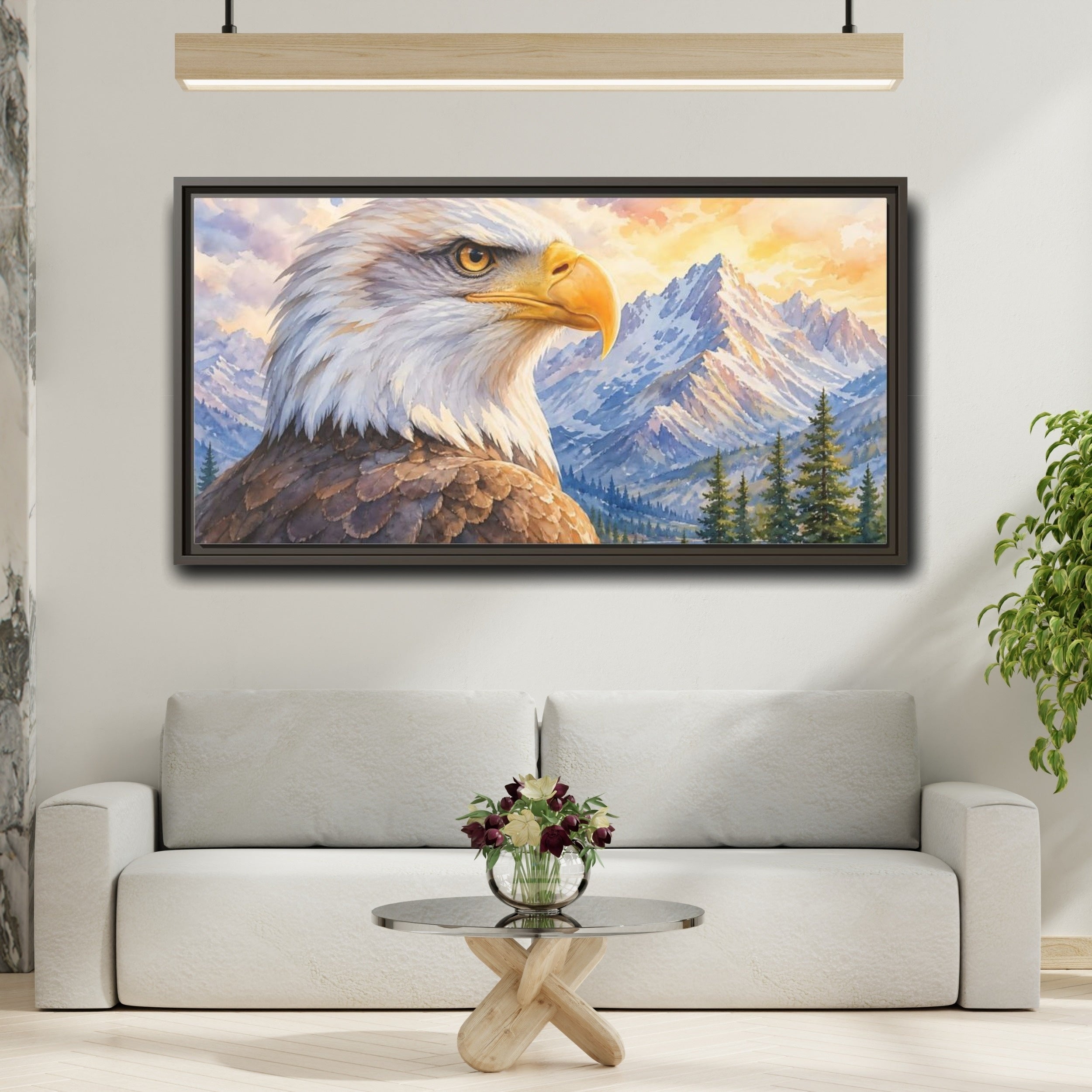 Mockup 2. Nature Bald Eagle Eagle Mountain Lake shown as stretched canvas wall art