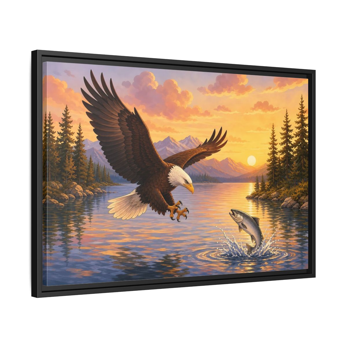 Side Mockup 14. Nature Bald Eagle Eagle Fishing Sunset shown as stretched canvas wall art