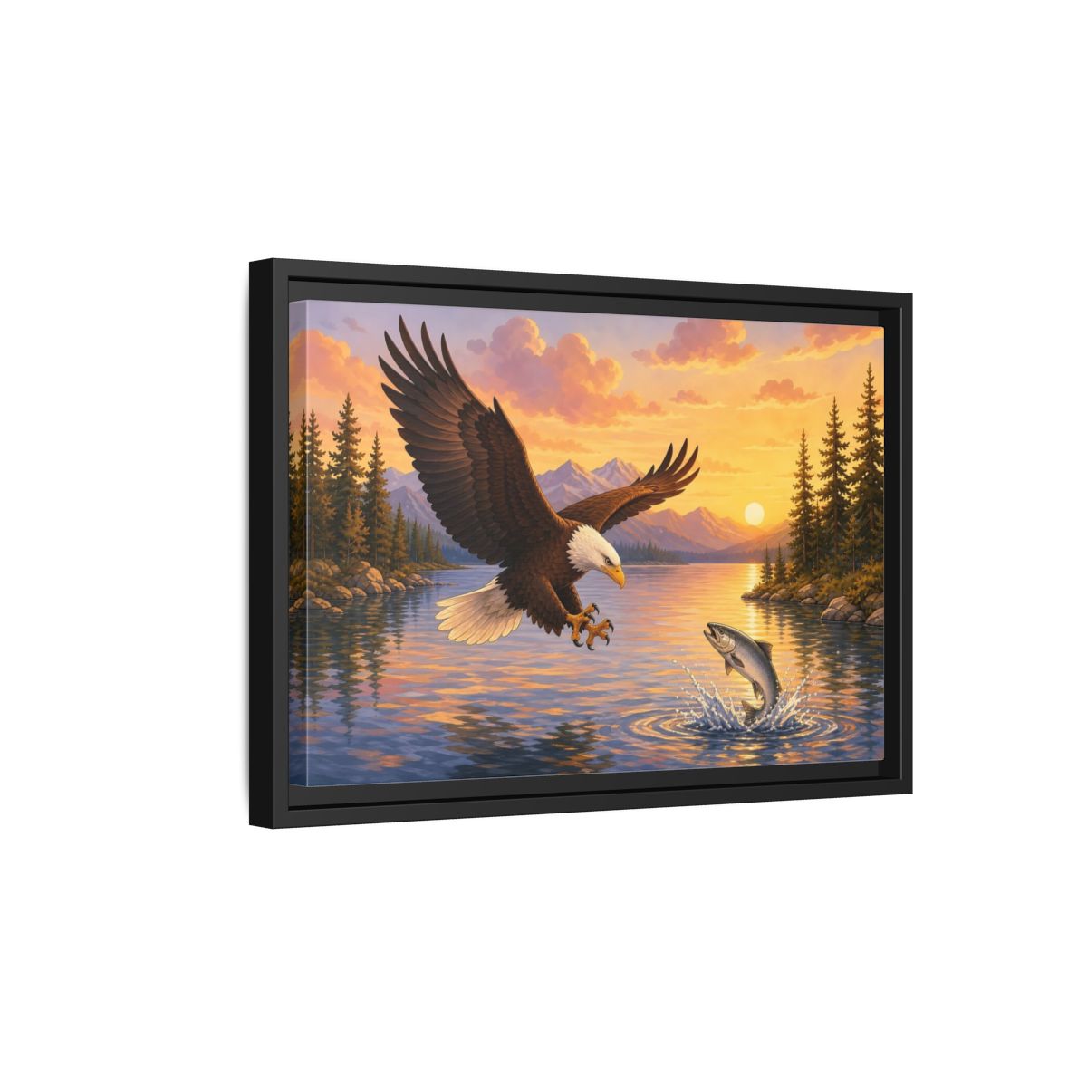 Side Mockup 6. Nature Bald Eagle Eagle Fishing Sunset shown as stretched canvas wall art