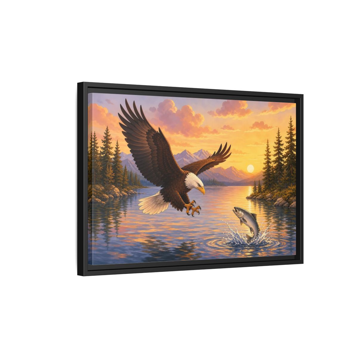 Side Mockup 3. Nature Bald Eagle Eagle Fishing Sunset shown as stretched canvas wall art