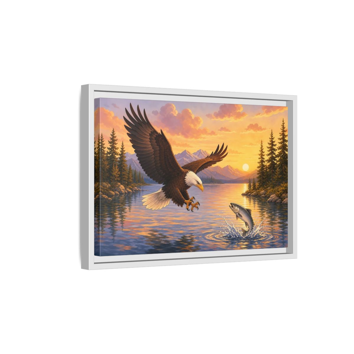 Side Mockup 4. Nature Bald Eagle Eagle Fishing Sunset shown as stretched canvas wall art