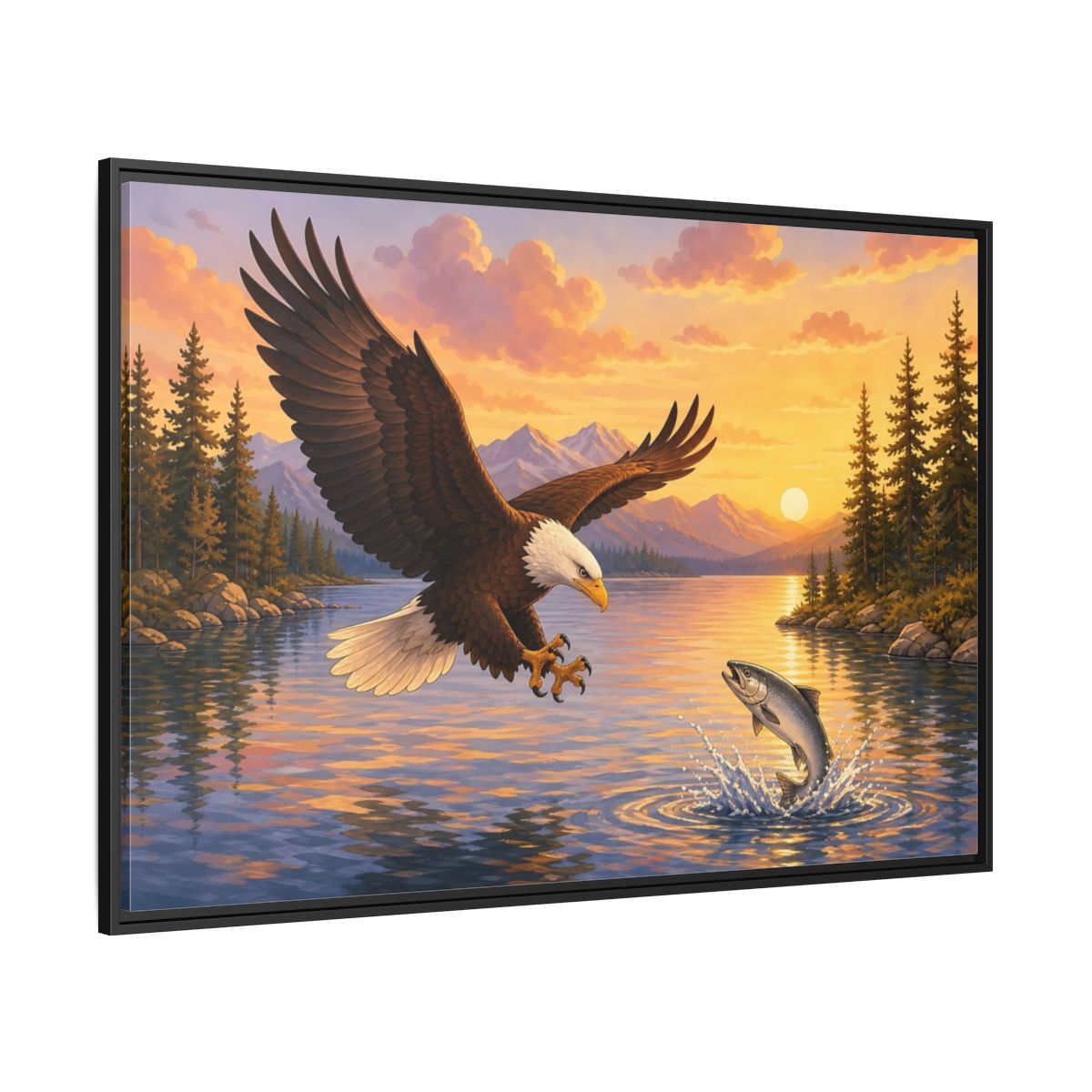 Side Mockup 12. Nature Bald Eagle Eagle Fishing Sunset shown as stretched canvas wall art
