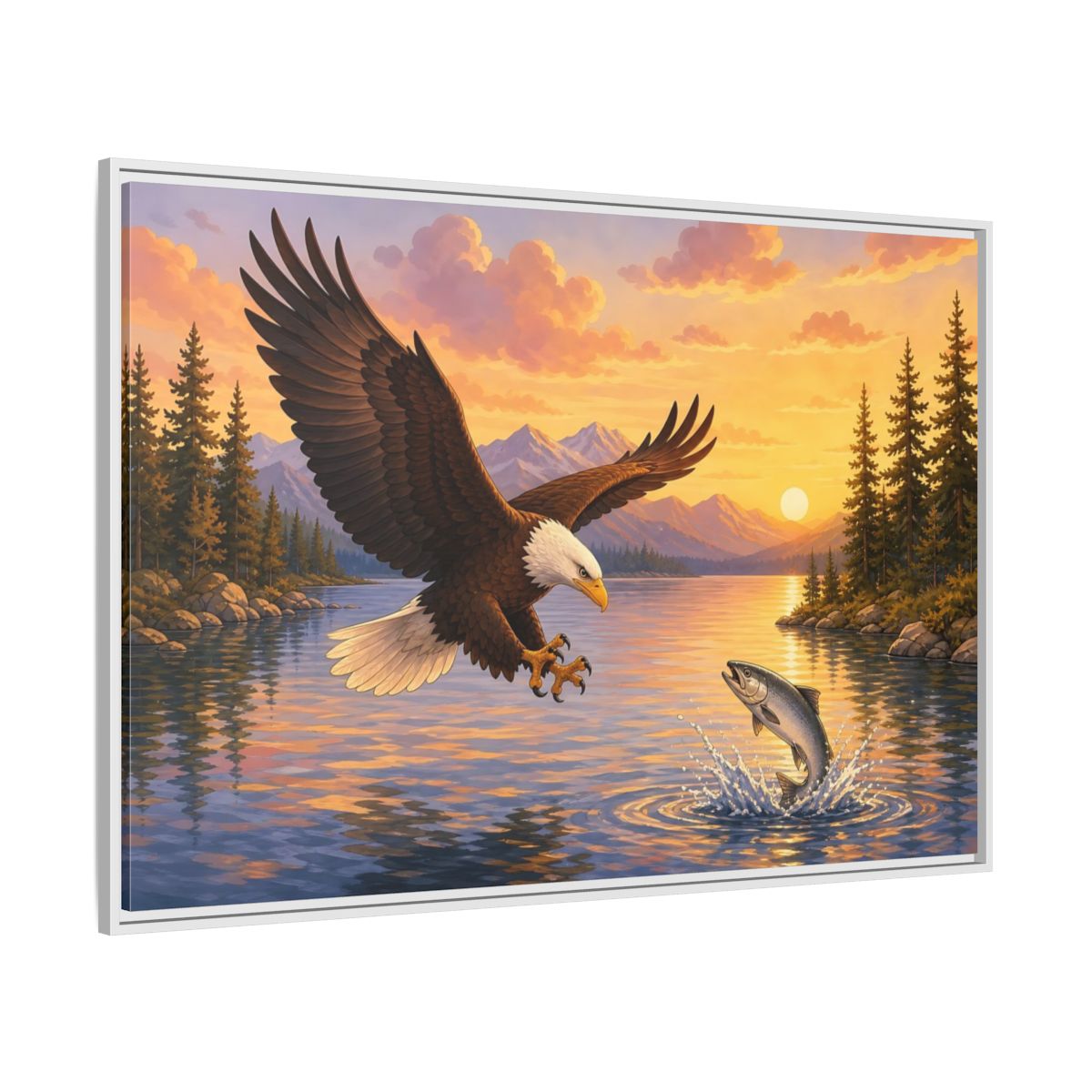 Side Mockup 7. Nature Bald Eagle Eagle Fishing Sunset shown as stretched canvas wall art