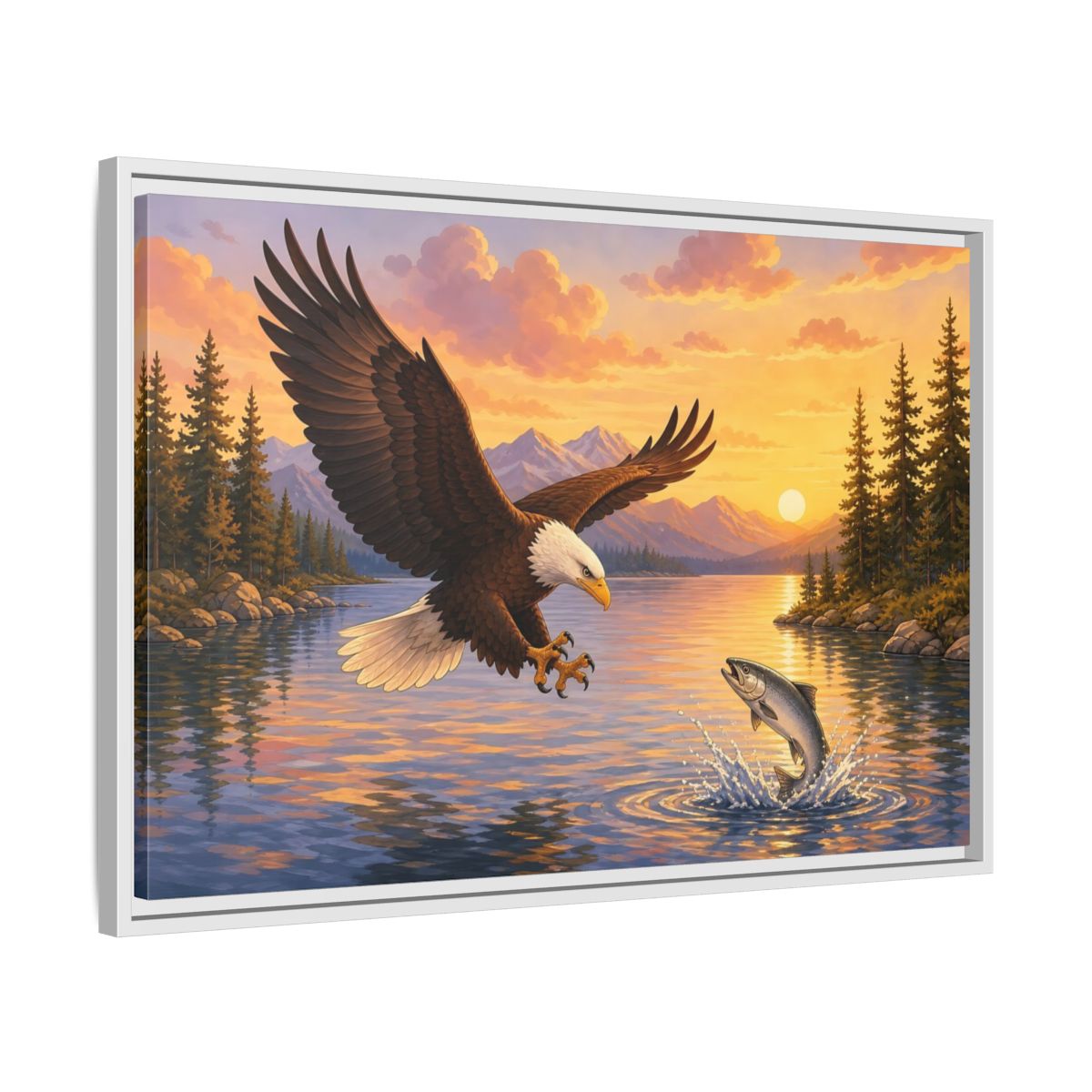 Side Mockup 10. Nature Bald Eagle Eagle Fishing Sunset shown as stretched canvas wall art