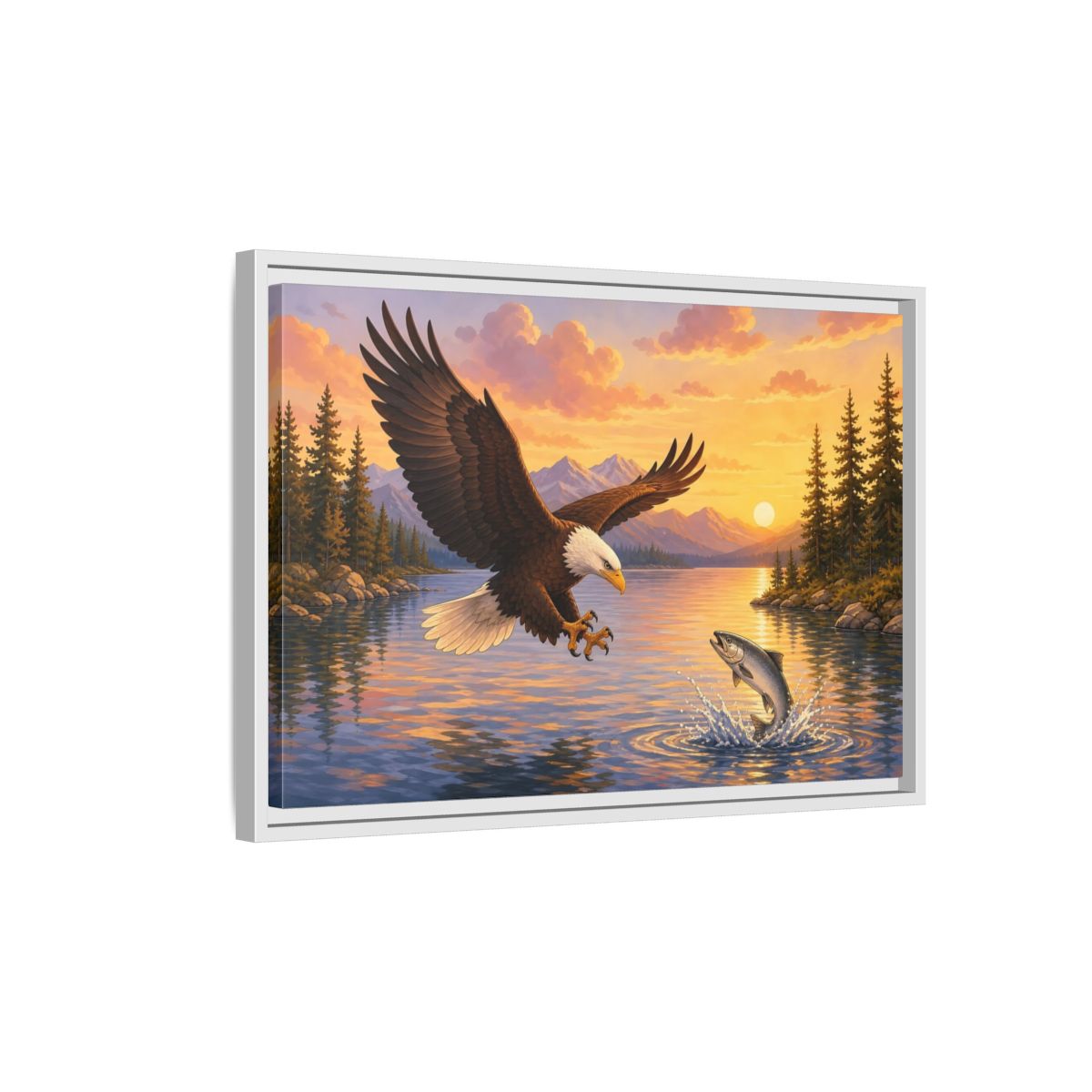 Side Mockup 1. Nature Bald Eagle Eagle Fishing Sunset shown as stretched canvas wall art