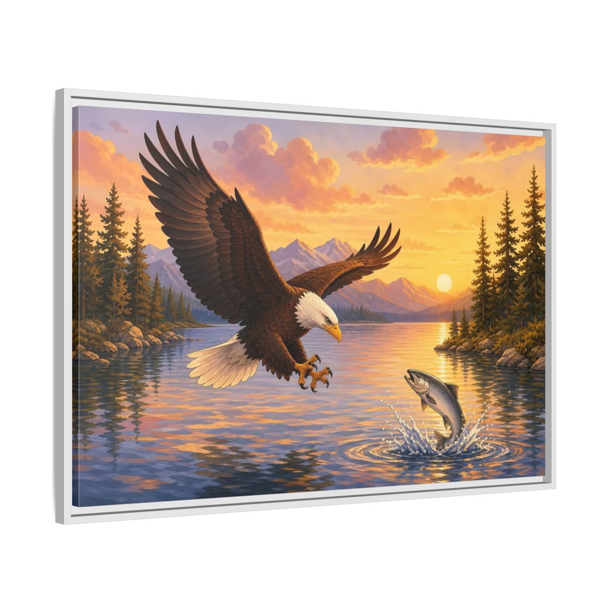 Side Mockup 9. Nature Bald Eagle Eagle Fishing Sunset shown as stretched canvas wall art