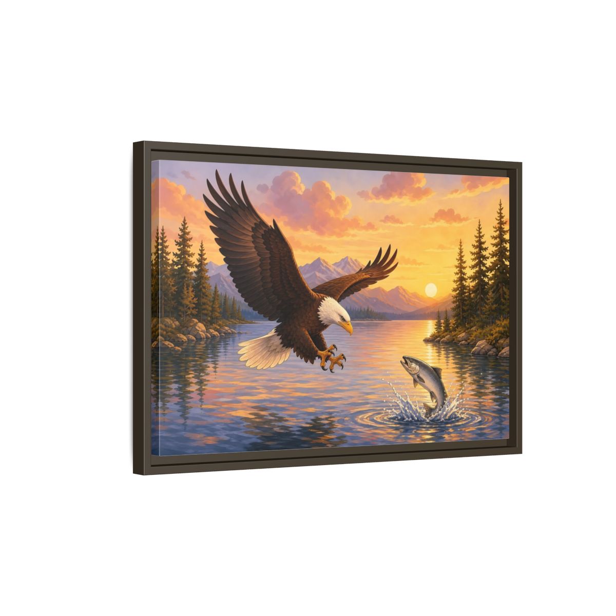 Side Mockup 2. Nature Bald Eagle Eagle Fishing Sunset shown as stretched canvas wall art
