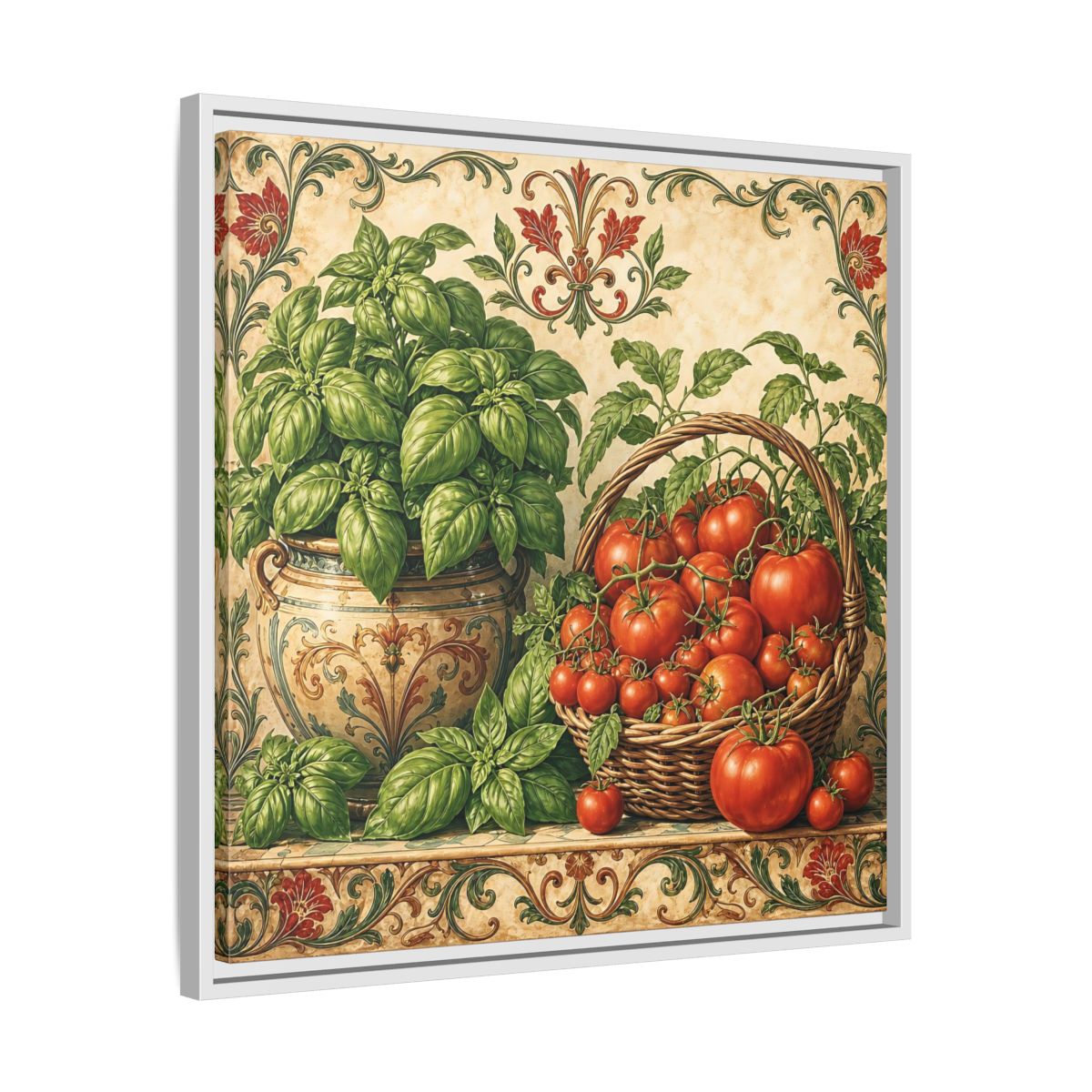 Side Mockup 26. Nature Basil, Tomatoes Tomato And Basil shown as stretched canvas wall art