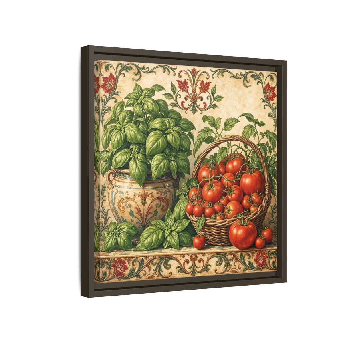 Side Mockup 14. Nature Basil, Tomatoes Tomato And Basil shown as stretched canvas wall art