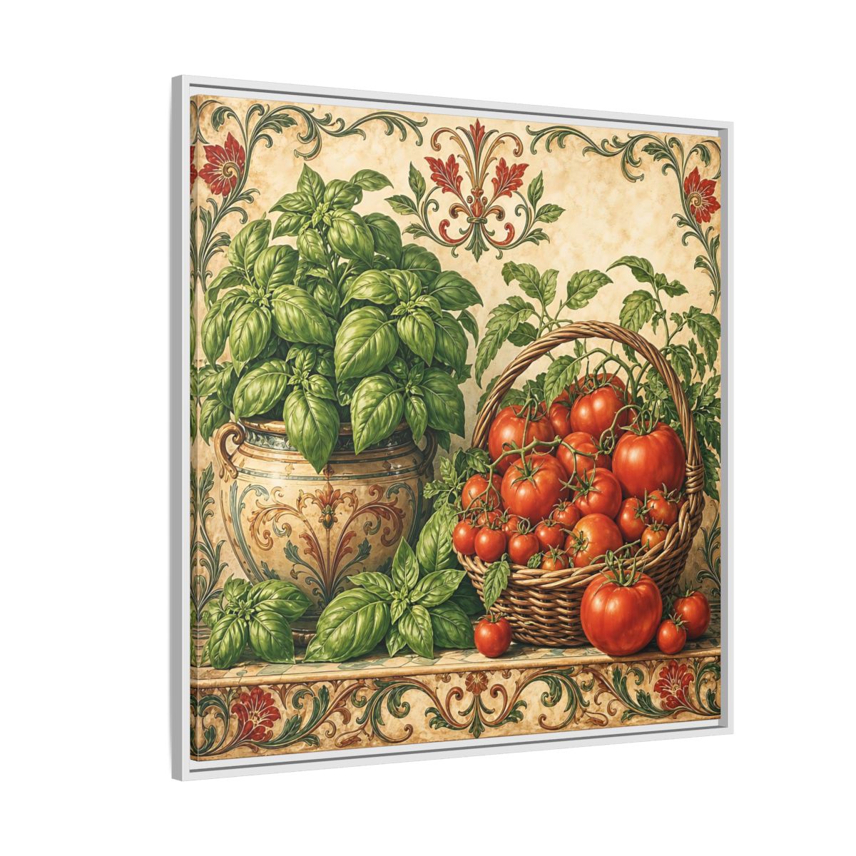 Side Mockup 4. Nature Basil, Tomatoes Tomato And Basil shown as stretched canvas wall art