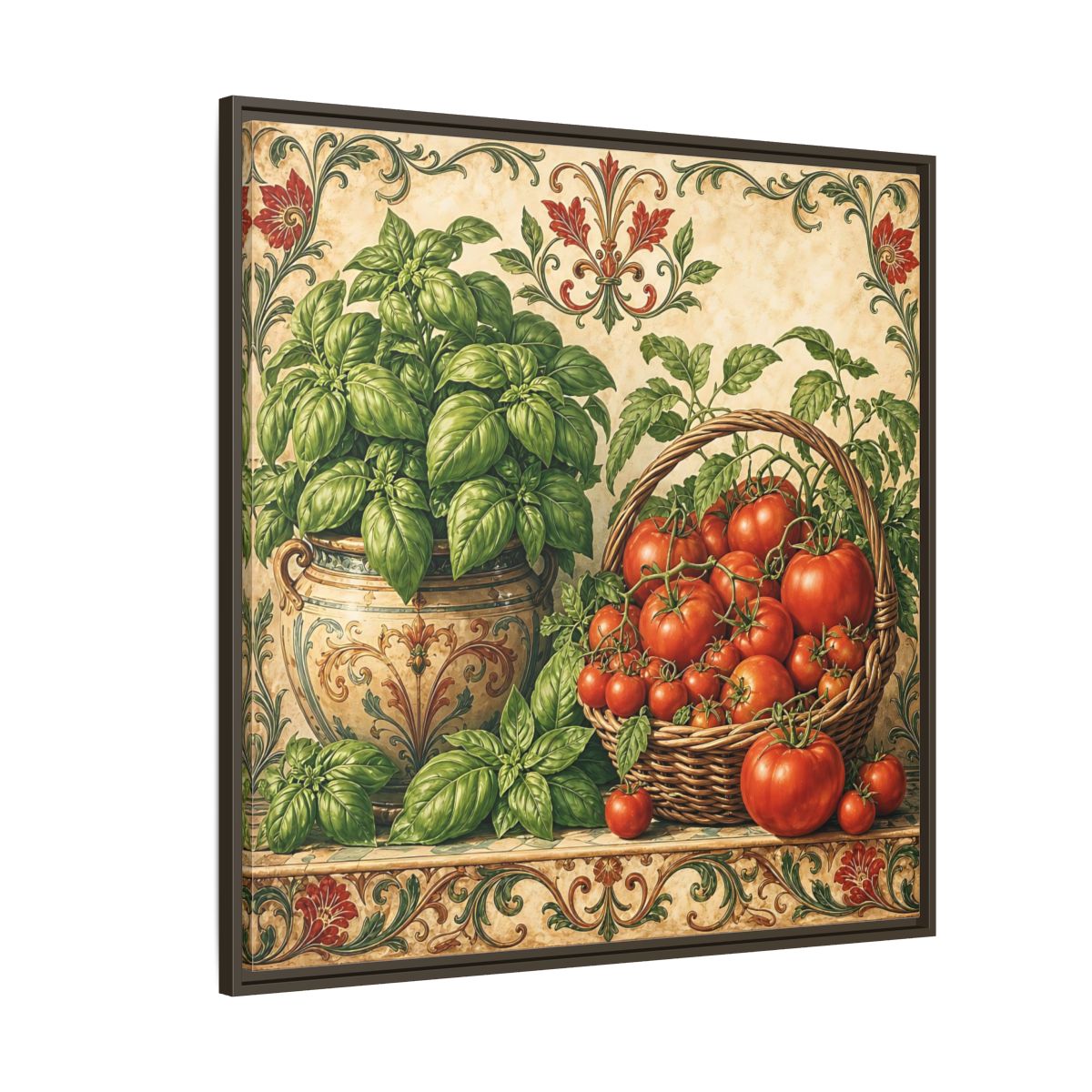 Side Mockup 5. Nature Basil, Tomatoes Tomato And Basil shown as stretched canvas wall art