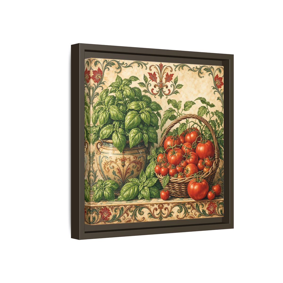 Side Mockup 17. Nature Basil, Tomatoes Tomato And Basil shown as stretched canvas wall art