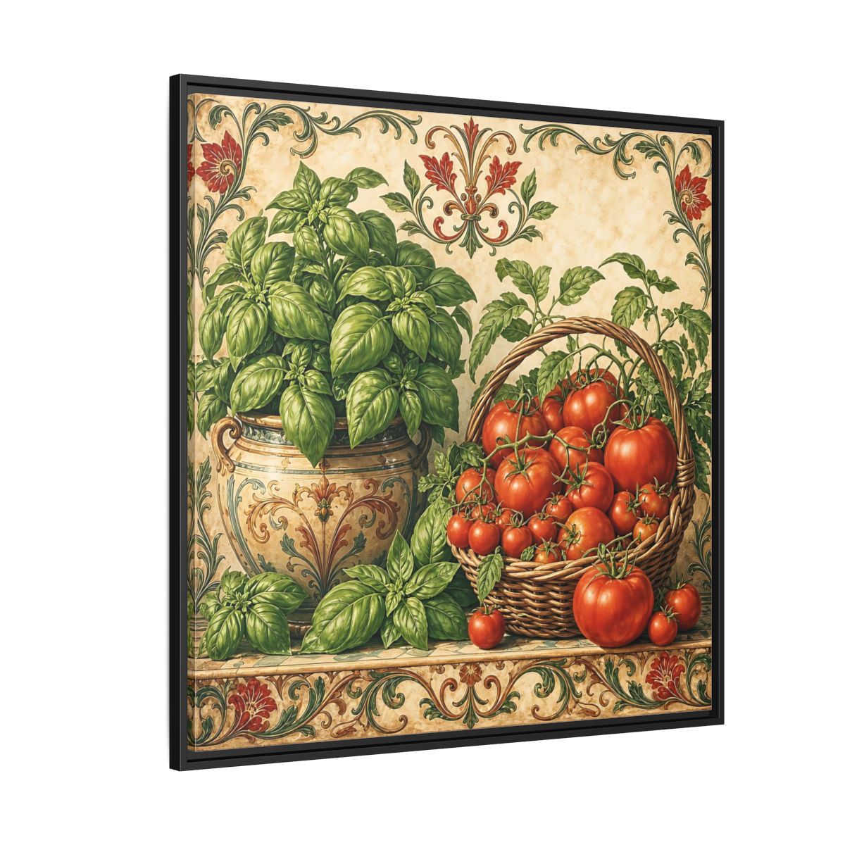 Side Mockup 6. Nature Basil, Tomatoes Tomato And Basil shown as stretched canvas wall art