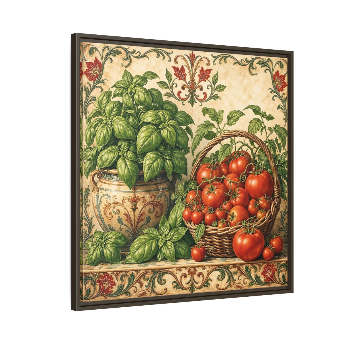 Side Mockup 8. Nature Basil, Tomatoes Tomato And Basil shown as stretched canvas wall art