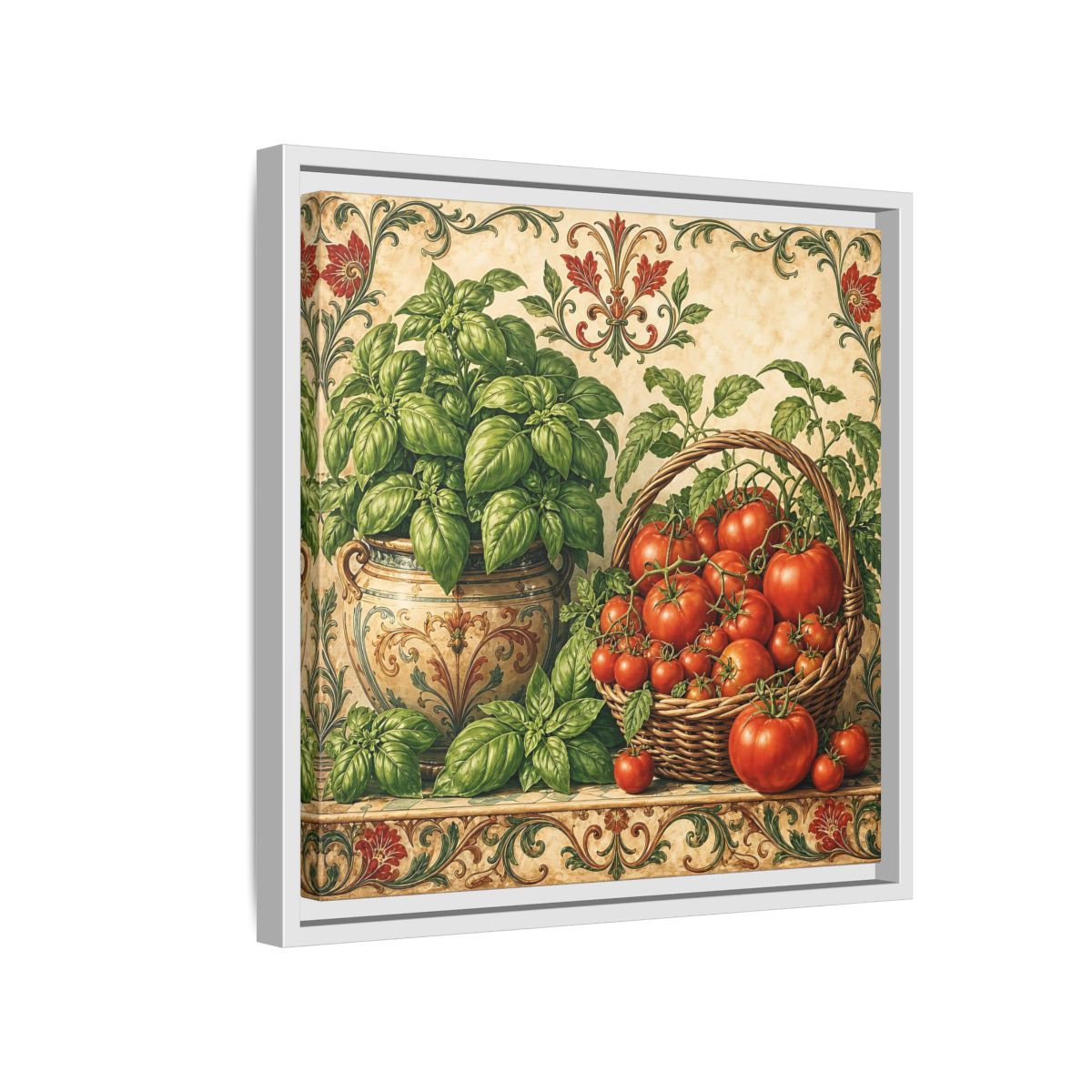 Side Mockup 13. Nature Basil, Tomatoes Tomato And Basil shown as stretched canvas wall art