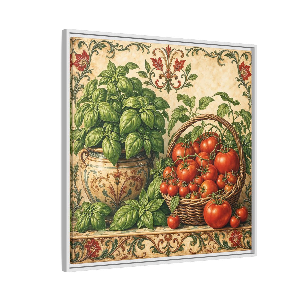 Side Mockup 7. Nature Basil, Tomatoes Tomato And Basil shown as stretched canvas wall art
