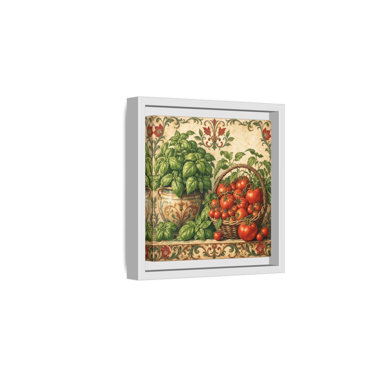 Side Mockup 1. Nature Basil, Tomatoes Tomato And Basil shown as stretched canvas wall art