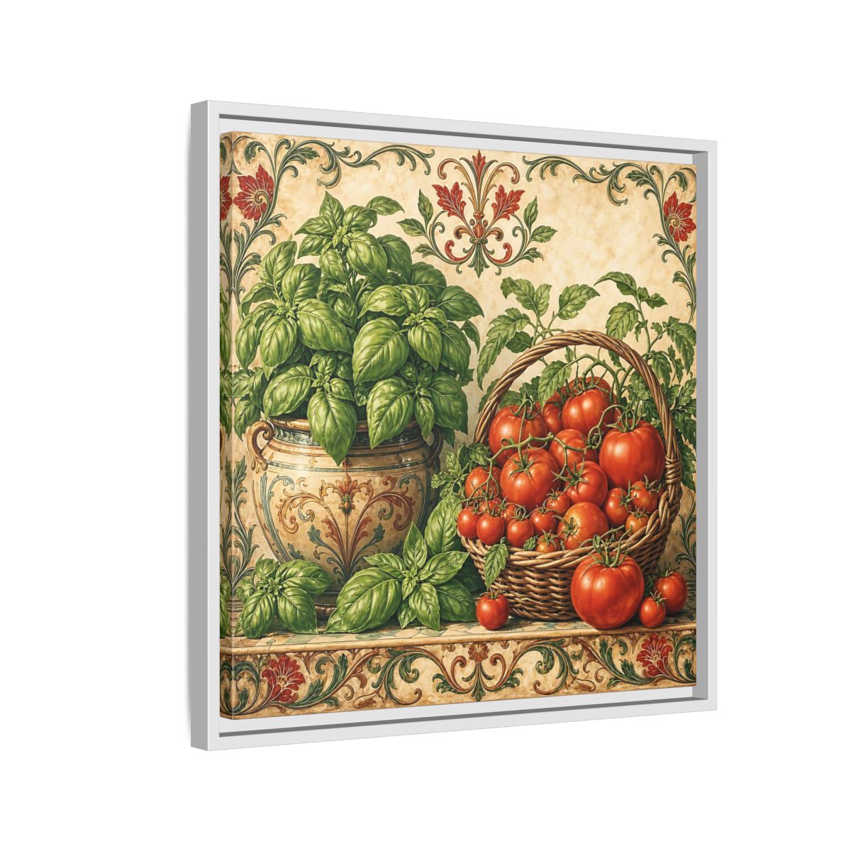 Side Mockup 10. Nature Basil, Tomatoes Tomato And Basil shown as stretched canvas wall art