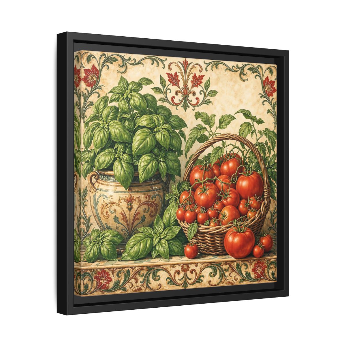 Side Mockup 32. Nature Basil, Tomatoes Tomato And Basil shown as stretched canvas wall art