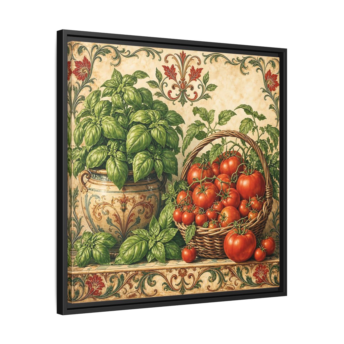 Side Mockup 31. Nature Basil, Tomatoes Tomato And Basil shown as stretched canvas wall art