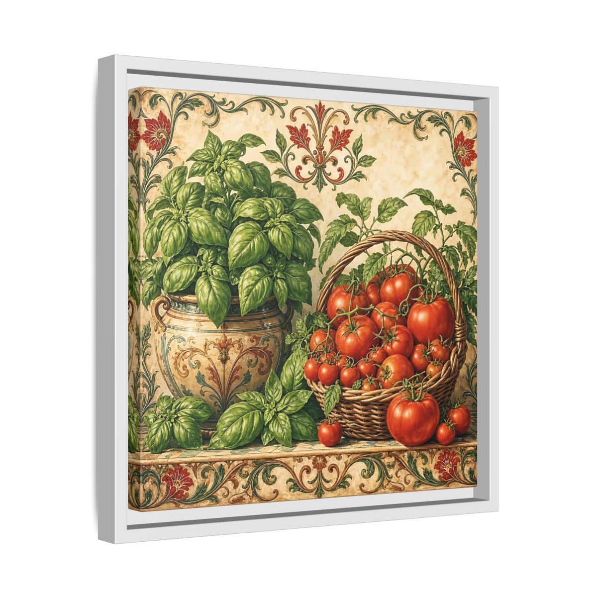 Side Mockup 28. Nature Basil, Tomatoes Tomato And Basil shown as stretched canvas wall art