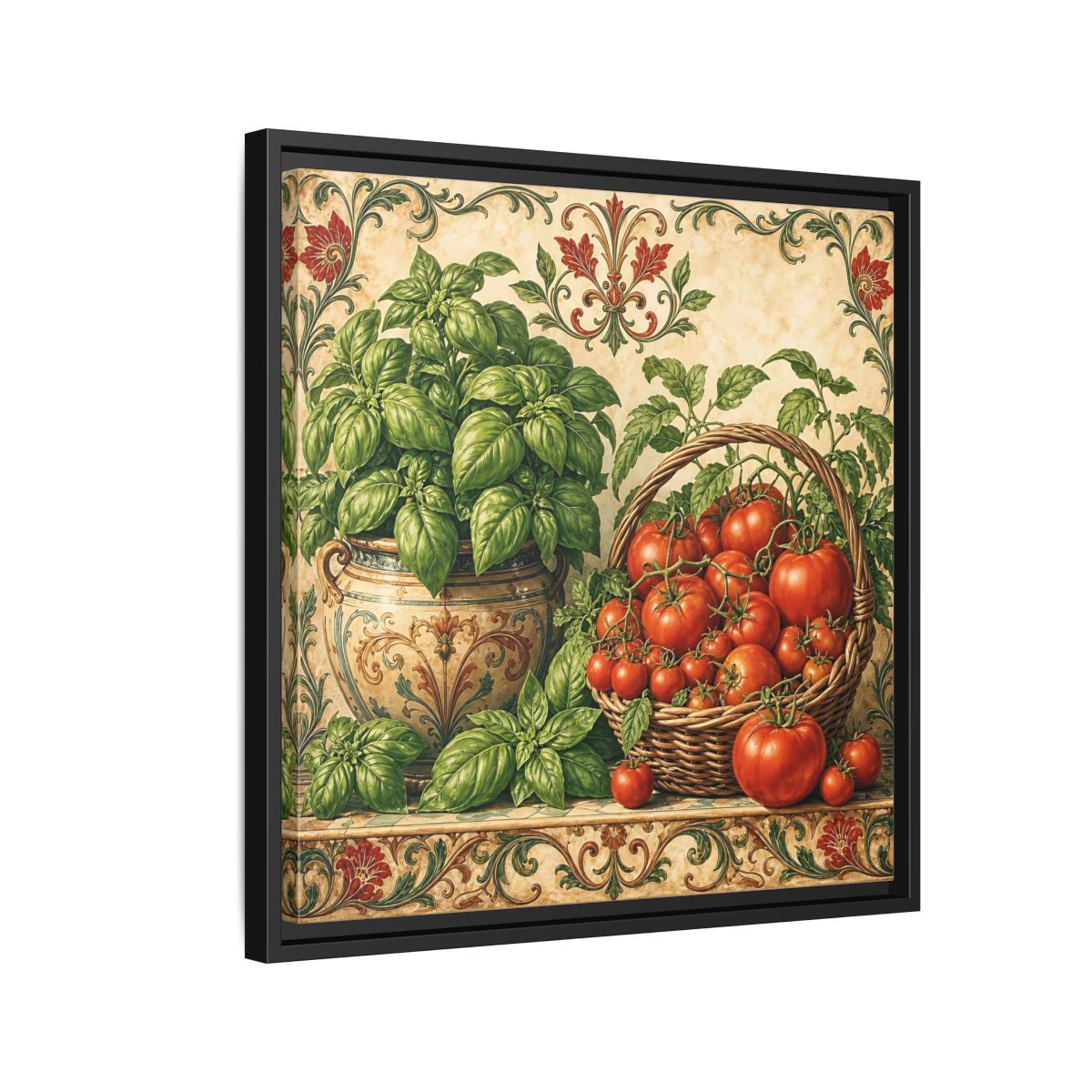 Side Mockup 12. Nature Basil, Tomatoes Tomato And Basil shown as stretched canvas wall art