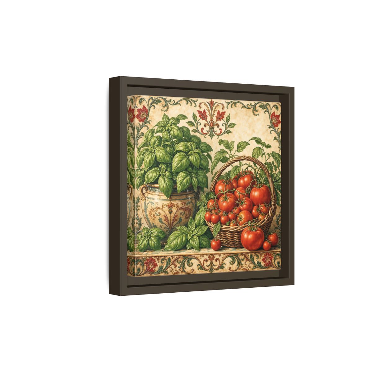 Side Mockup 20. Nature Basil, Tomatoes Tomato And Basil shown as stretched canvas wall art