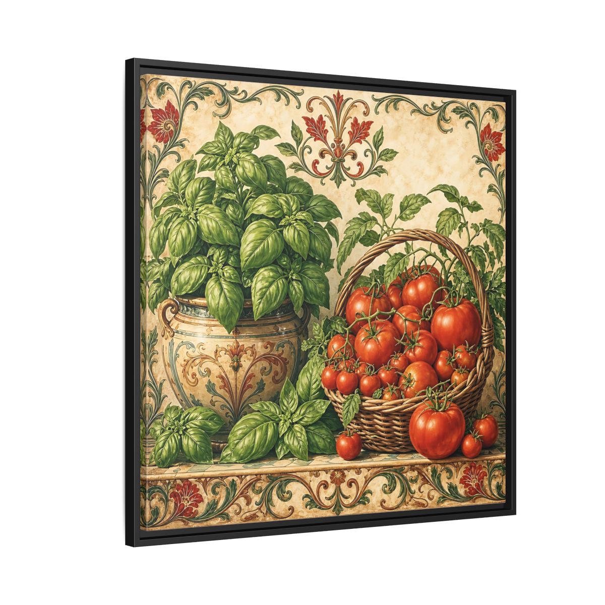 Side Mockup 9. Nature Basil, Tomatoes Tomato And Basil shown as stretched canvas wall art