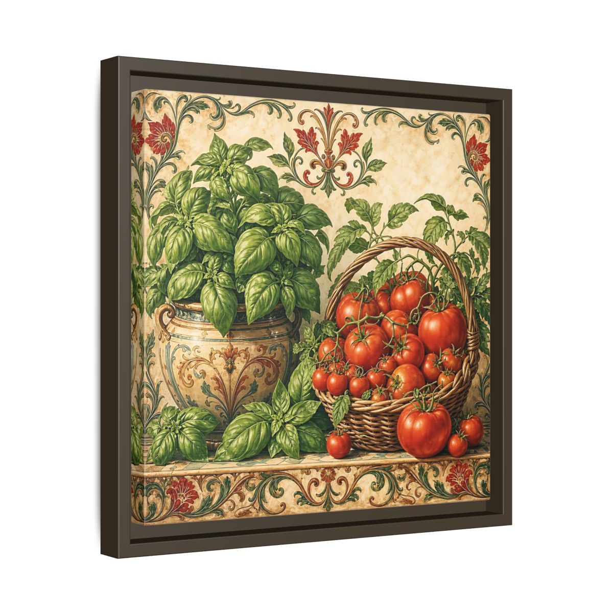 Side Mockup 29. Nature Basil, Tomatoes Tomato And Basil shown as stretched canvas wall art