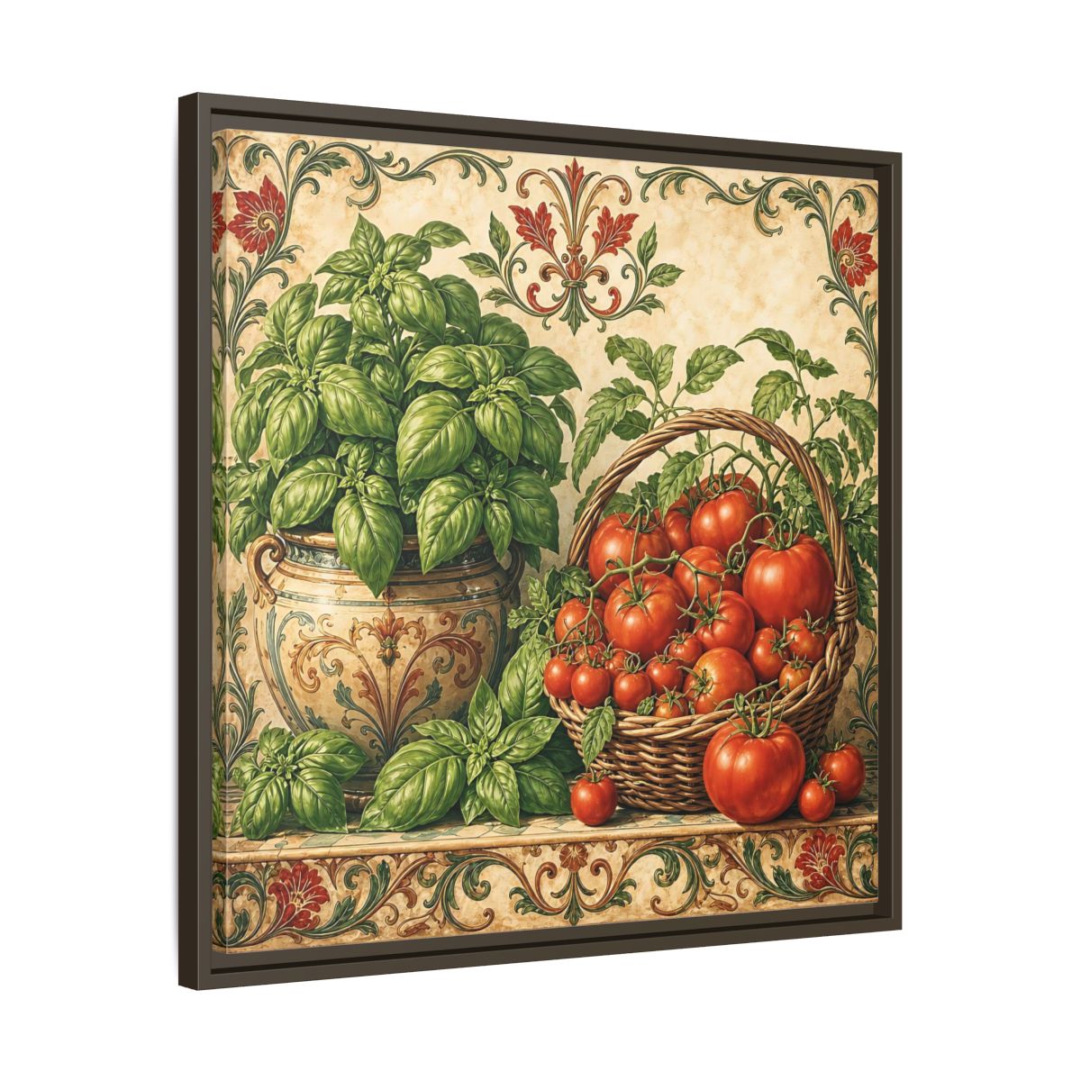 Side Mockup 27. Nature Basil, Tomatoes Tomato And Basil shown as stretched canvas wall art